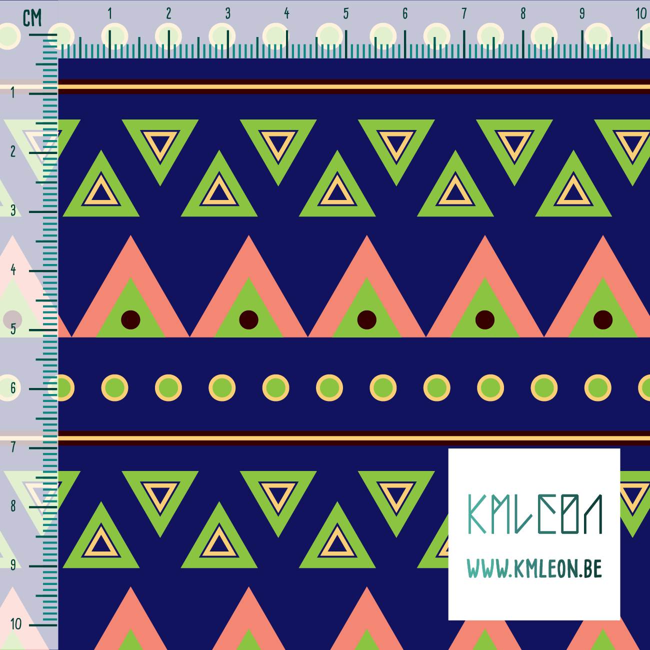 Groene, roze, gele en bruine cirkels en driehoeken stof