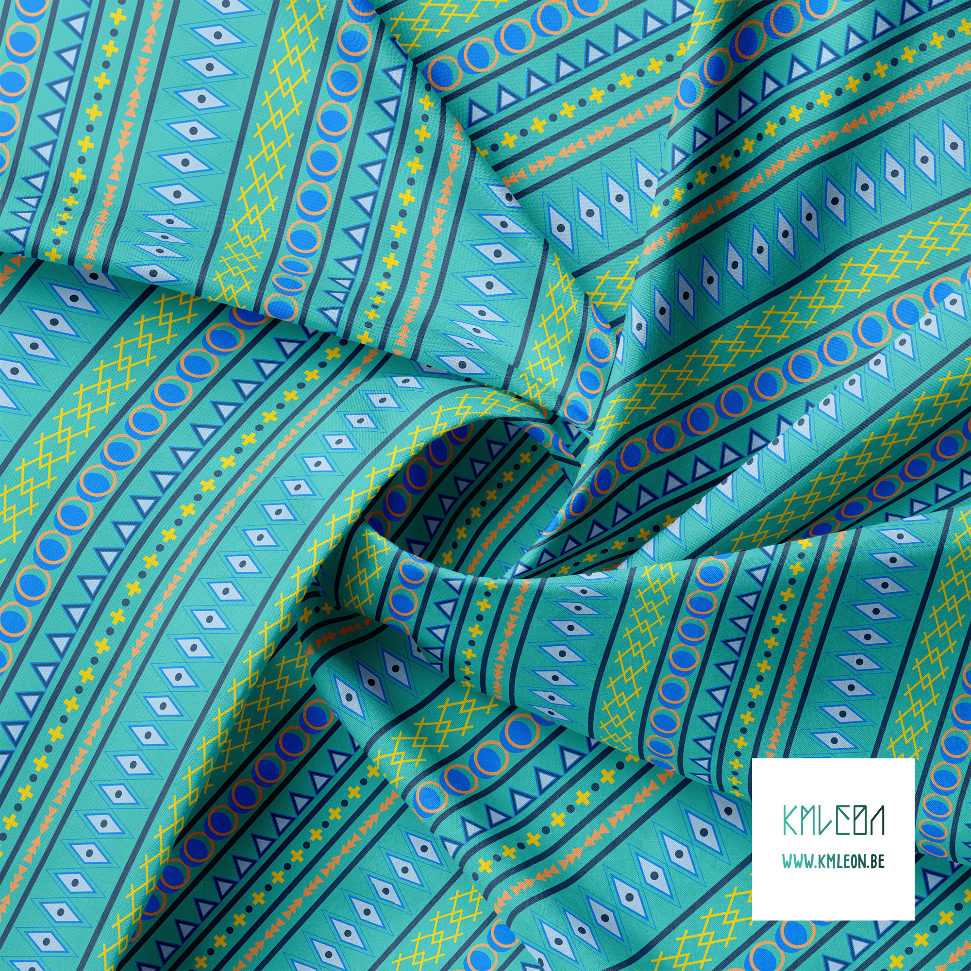 Geometrische vormen in geel, blauw en oranje stof