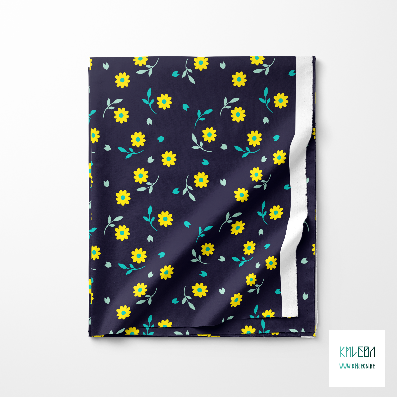 Gele en blauwgroene bloemetjes en blaadjes stof