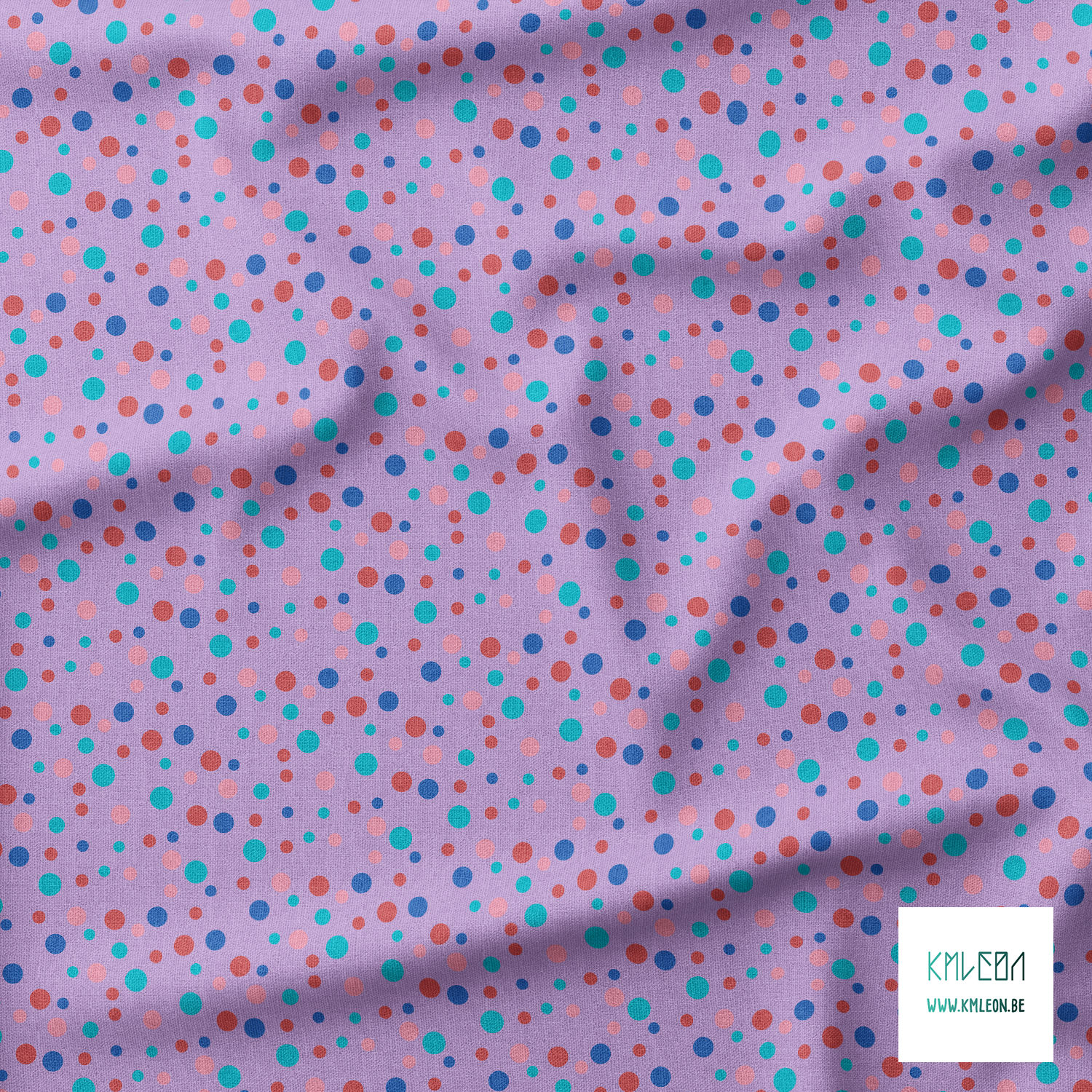 Random pink, red, blue and teal polka dots fabric