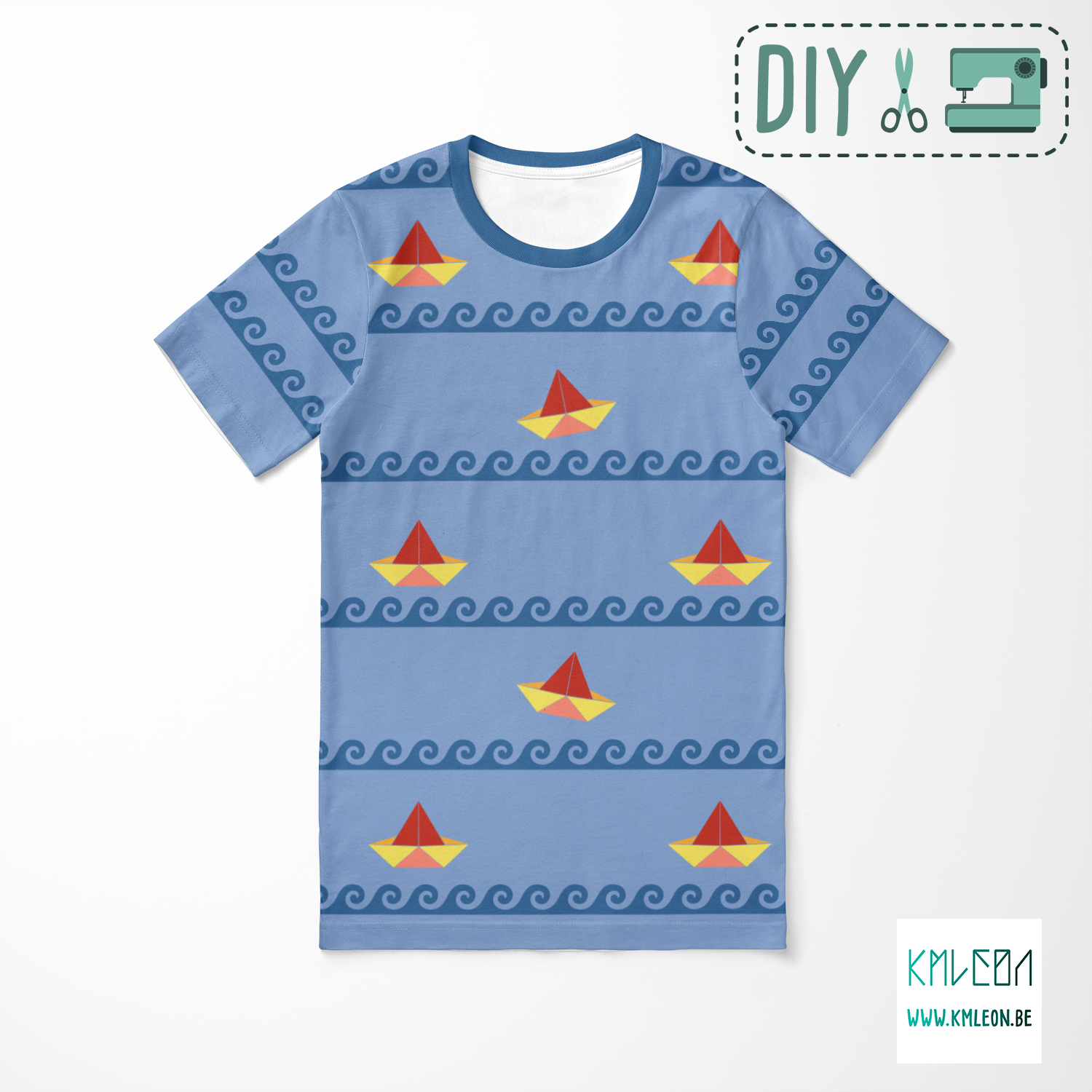 Papieren bootjes en golven knip en stik t-shirt ©