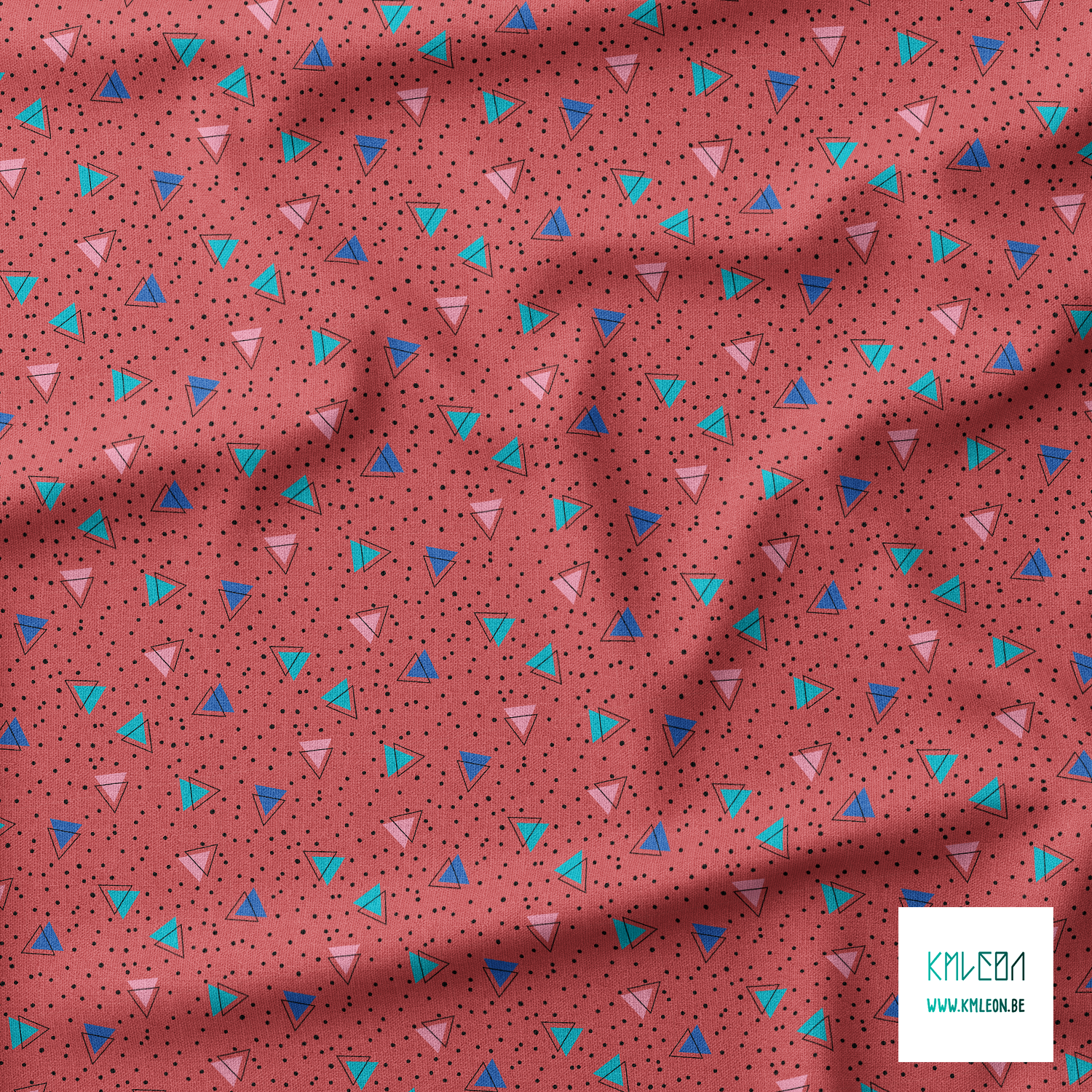 Teal, blue, pink and black triangles and black dots fabric
