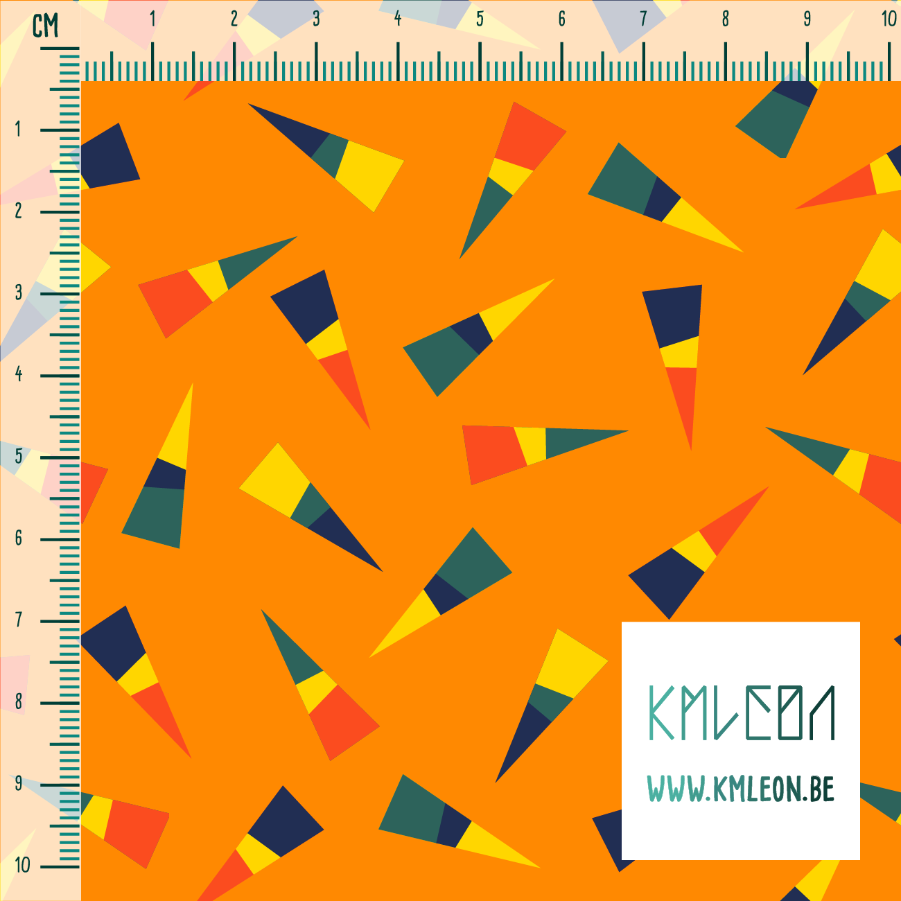 Gele, donkerblauwe, oranje en groene driehoeken stof