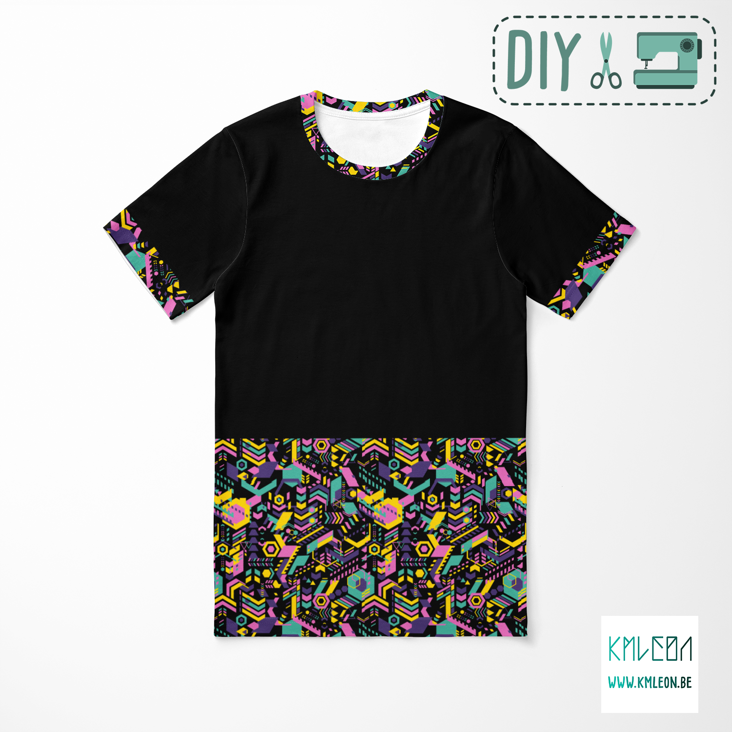 Zwart en geometrische vormen knip en stik t-shirt ©