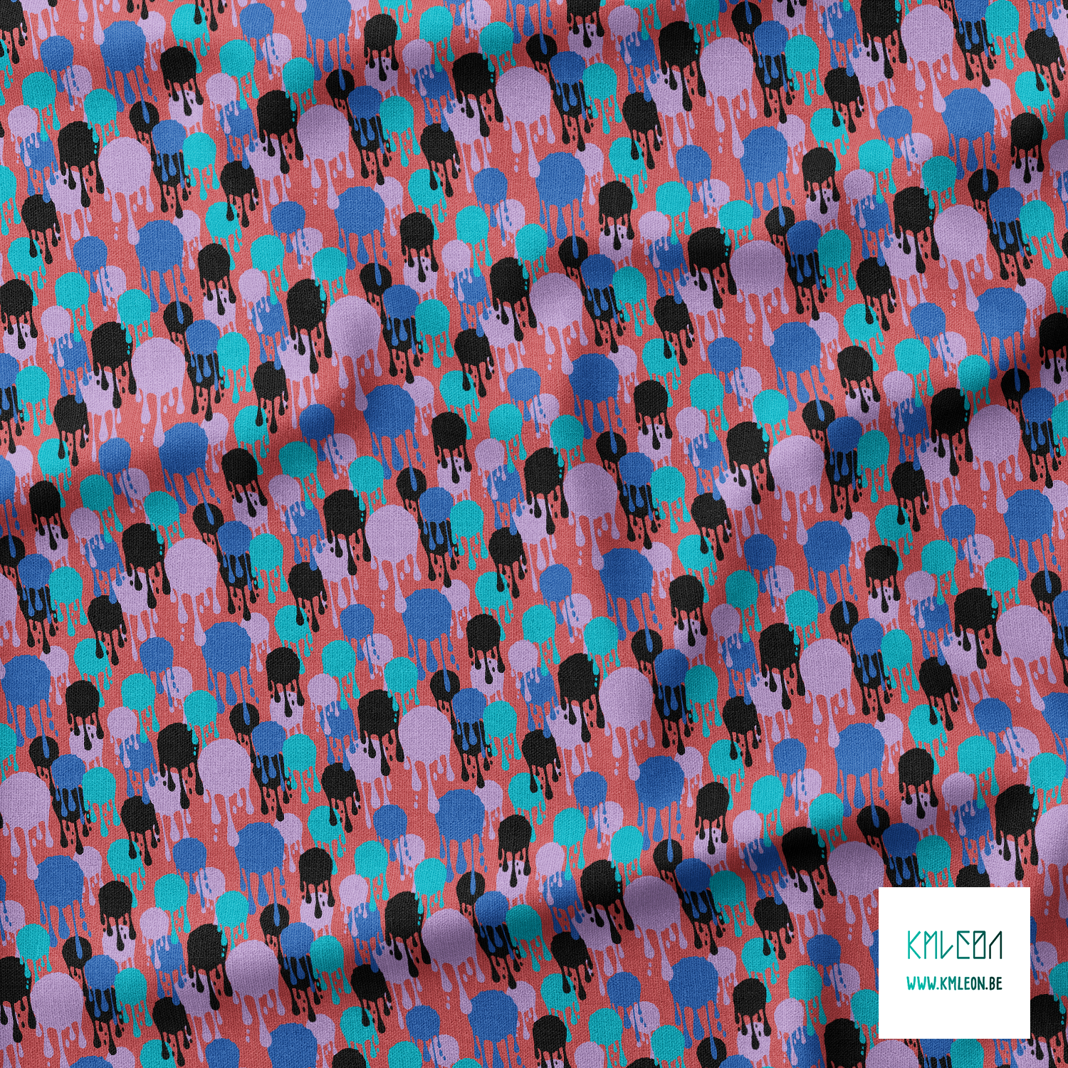 Teal, blue, purple and black graffiti fabric