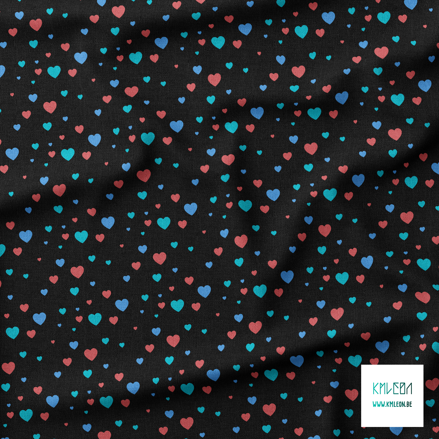 Red, teal and blue hearts fabric
