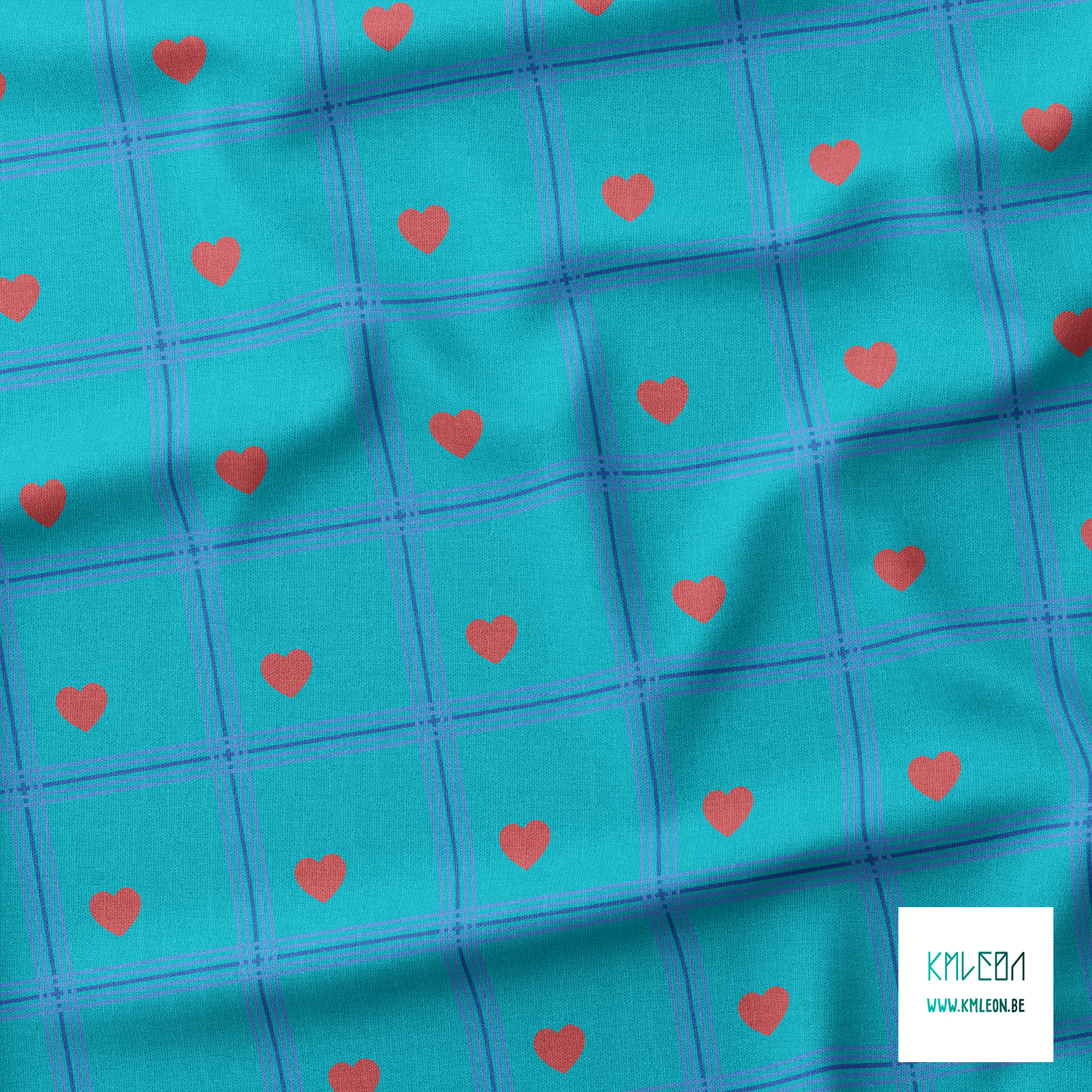Blue plaid with red hearts fabric