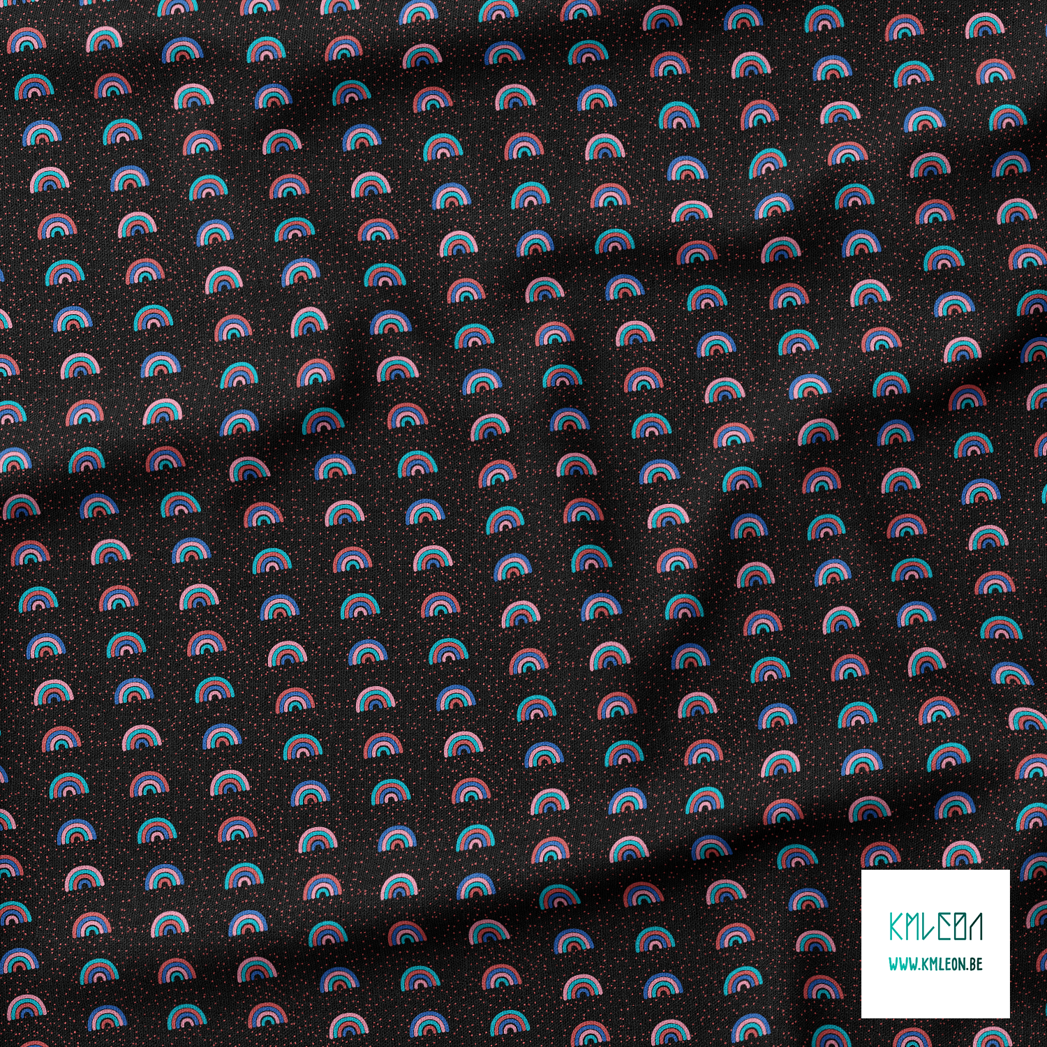 Blue, pink, teal and red rainbows and dots fabric