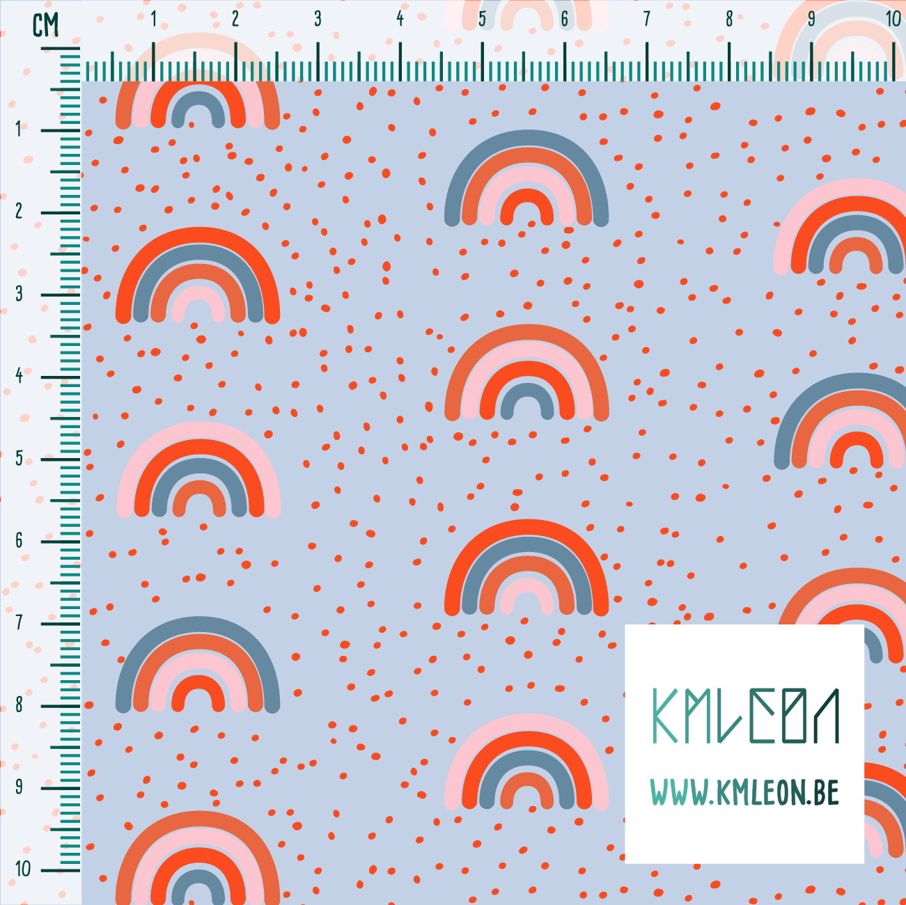 Blauwe, oranje en roze regenbogen en stippen stof