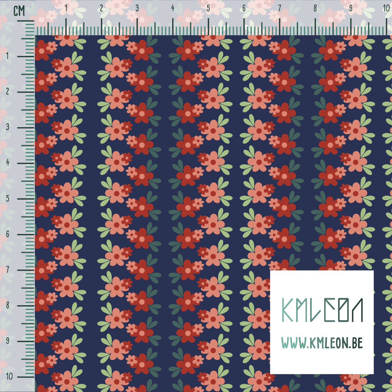 Roze en rode strepen van bloemen en groene blaadjes stof