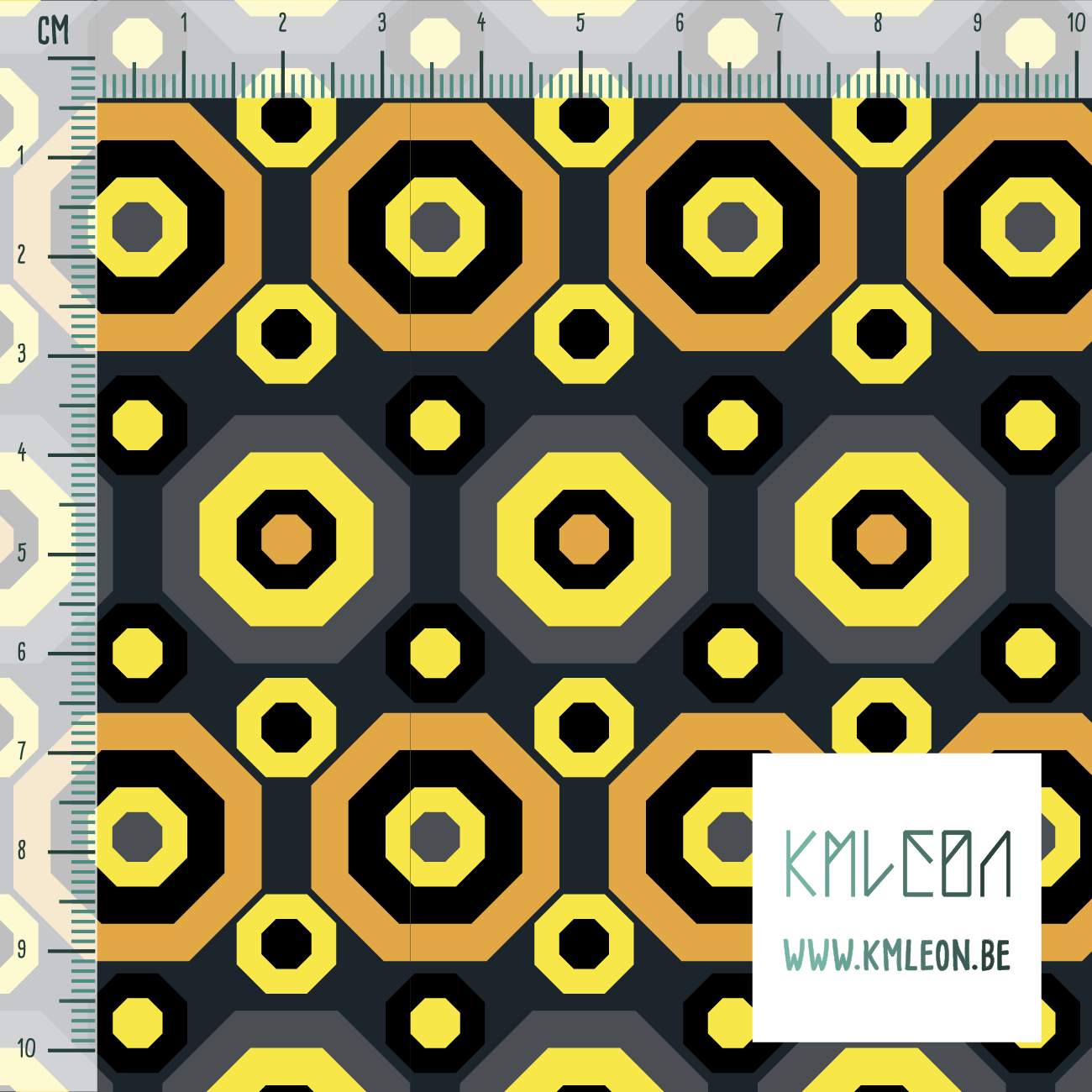 Retro achthoeken in zwart, orange, geel and grijs stof