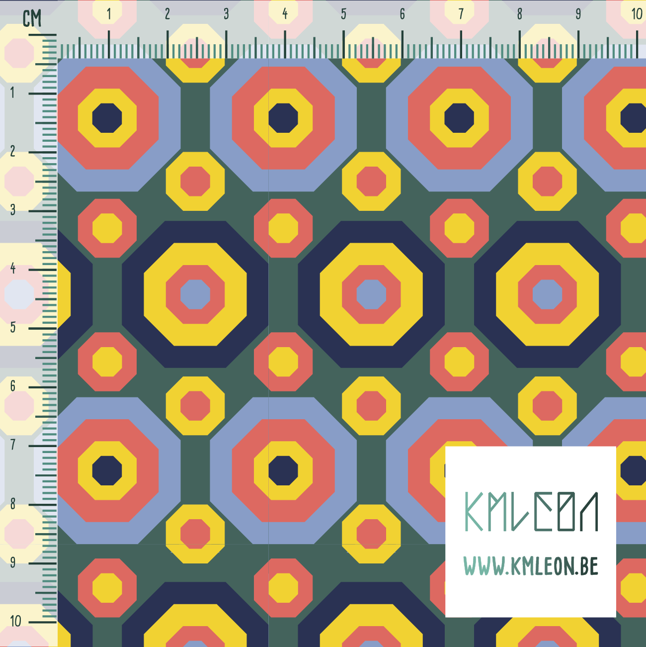 Retro achthoeken in geel, blauw en koraalroze stof