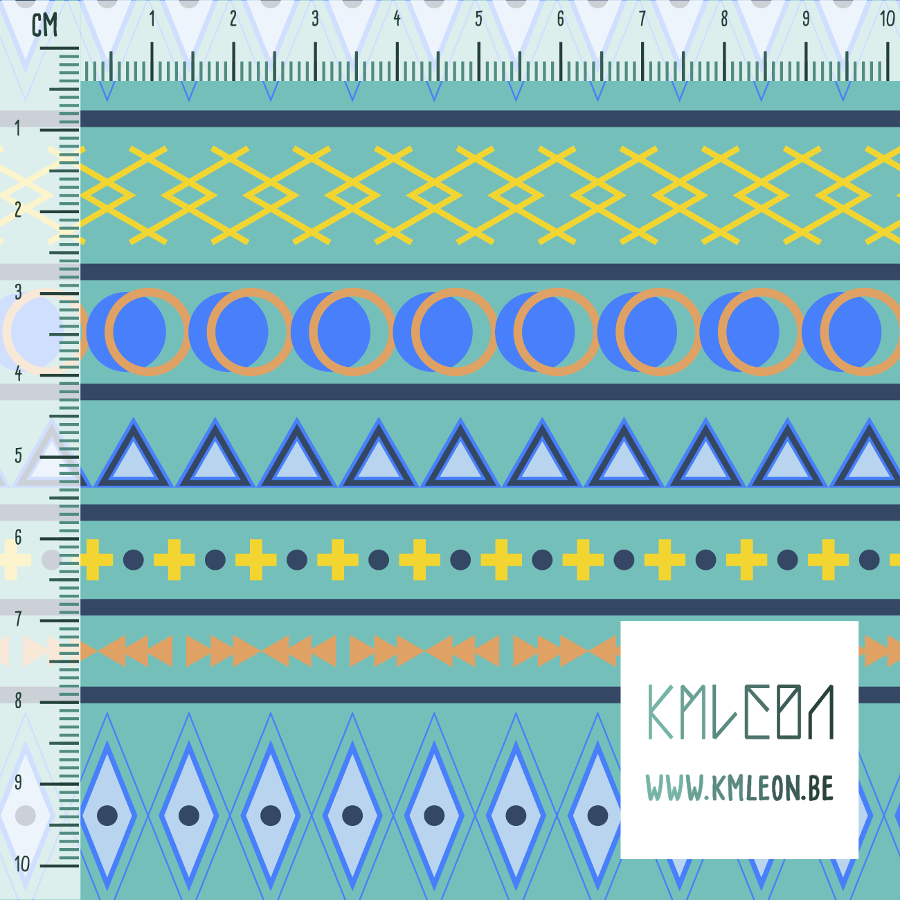 Geometrische vormen in geel, blauw en oranje stof