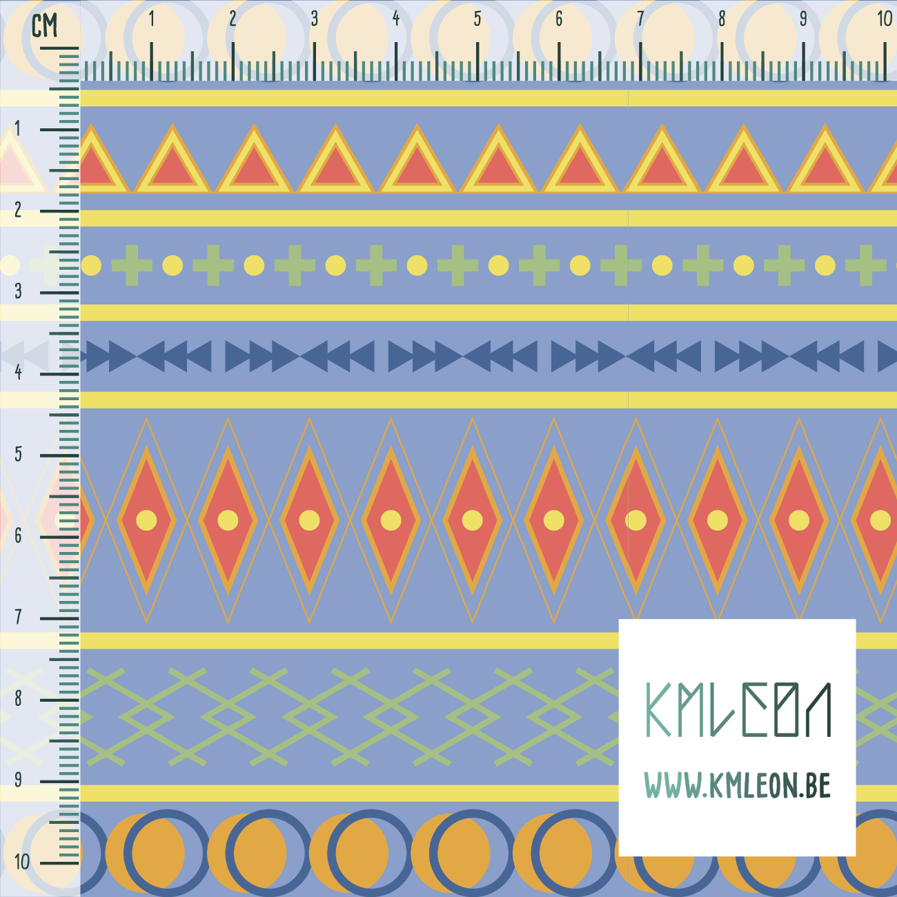 Geometrische vormen in oranje, blauw, koraalroze, geel en groen stof