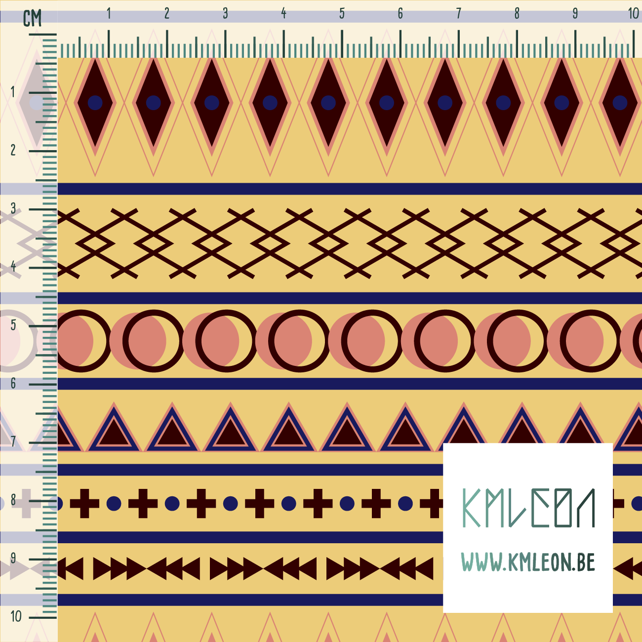 Geometrische vormen in blauw, bruin en roze stof