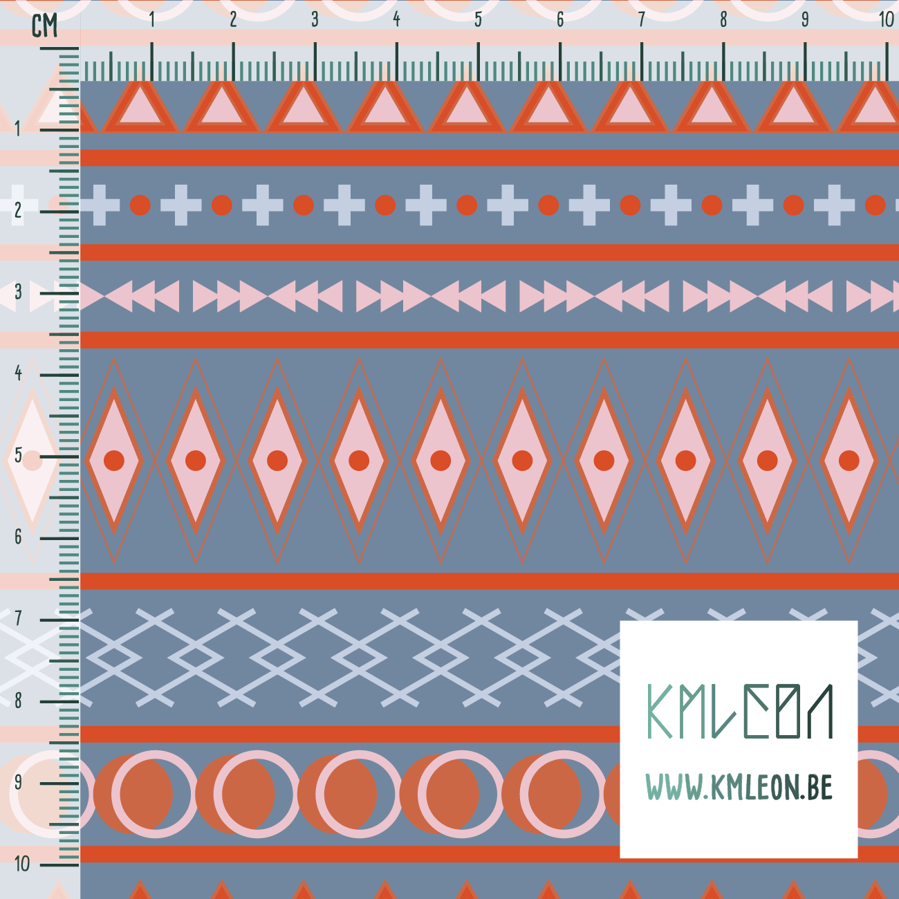 Geometrische vormen in blauw, roze en oranje stof