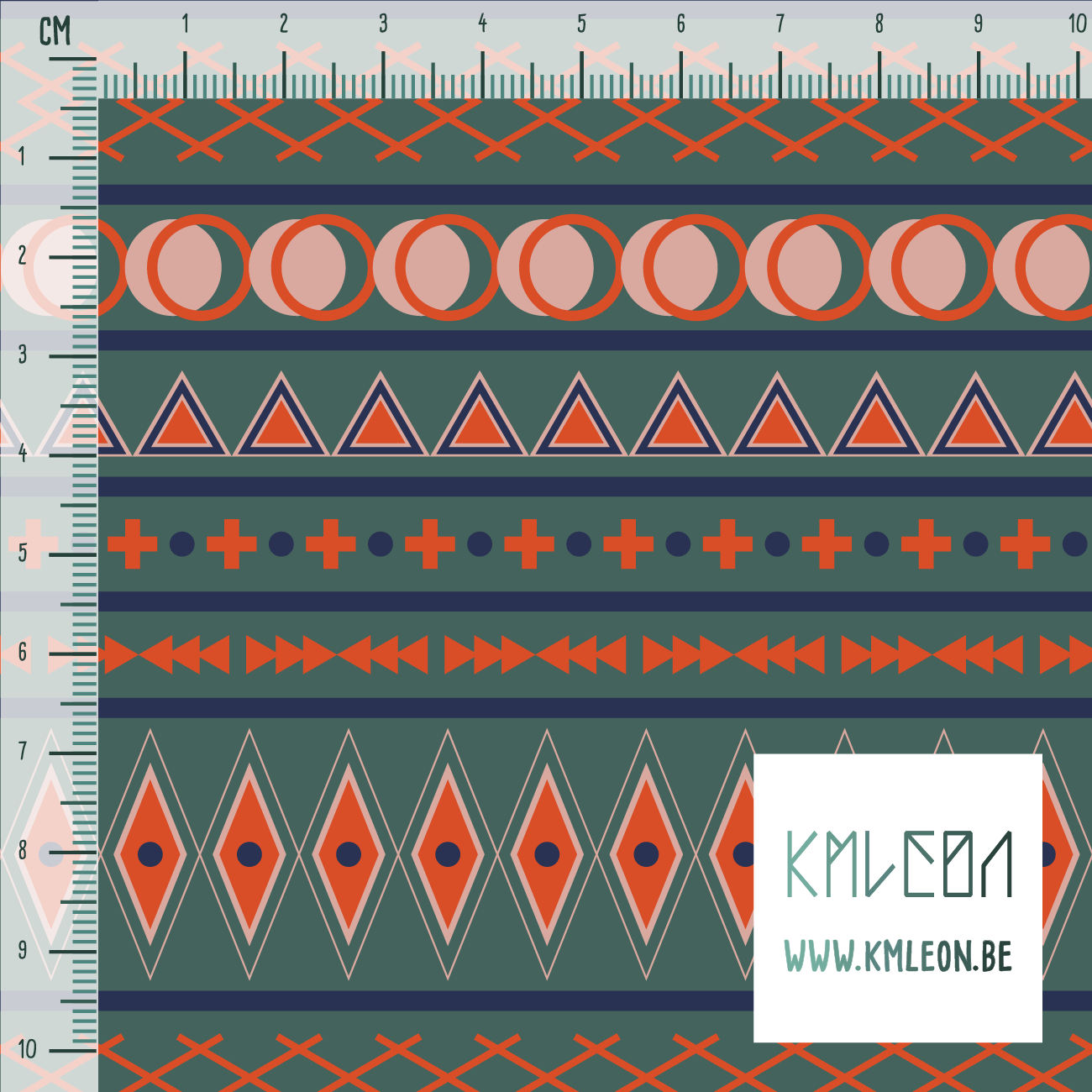 Geometrische vormen in oranje, donkerblauw en roze stof