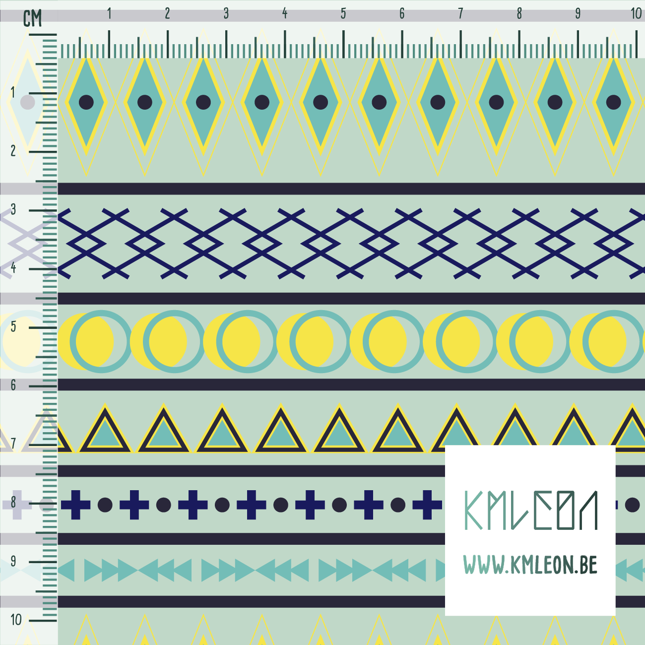 Geometrische vormen in donkerblauw, blauwgroen en geel stof