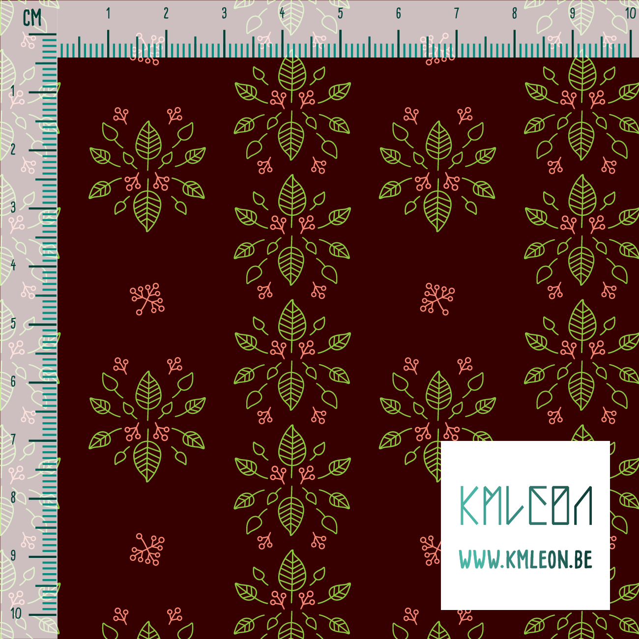 Groene blaadjes en roze bloemetjes stof