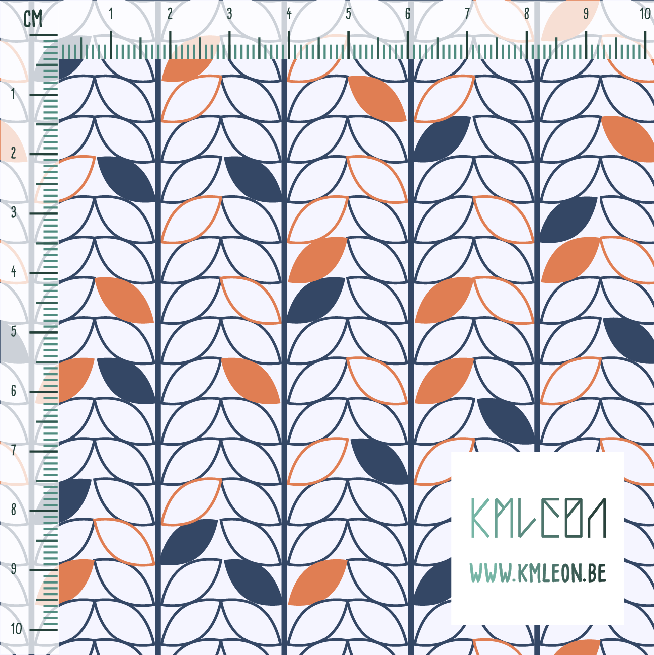 Donkerblauwe en oranje blaadjes stof