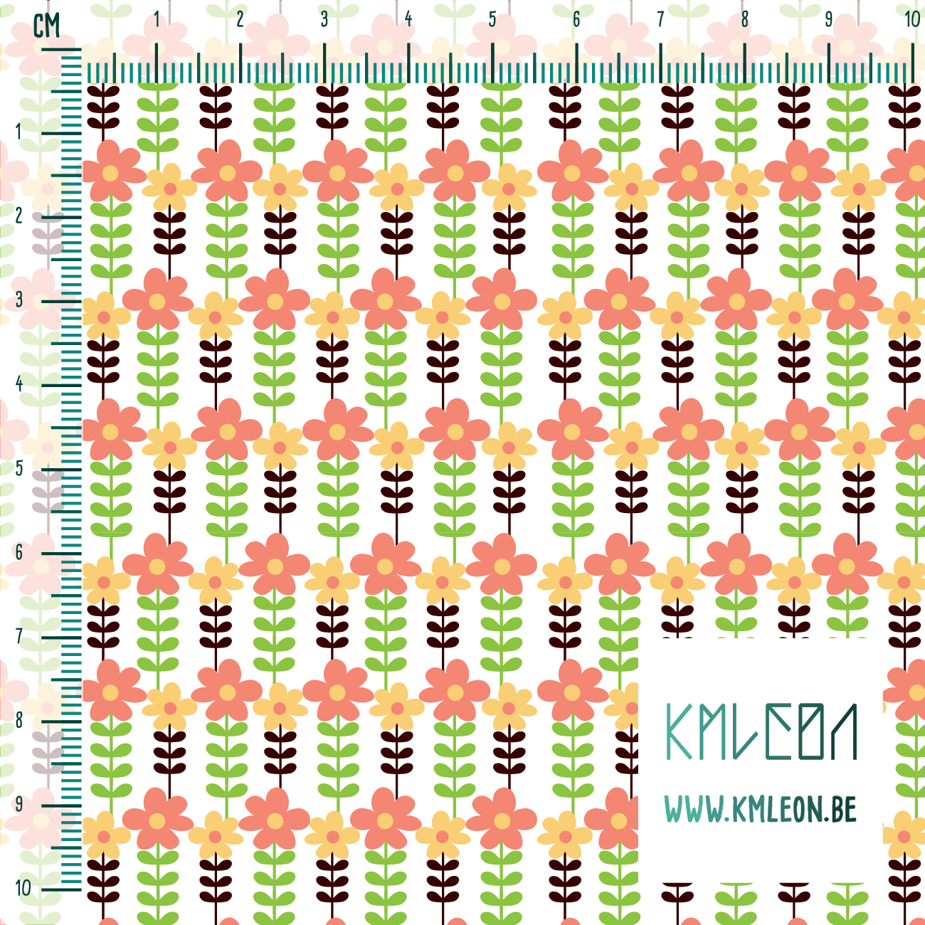 Roze, gele, groene en bruine bloemen stof
