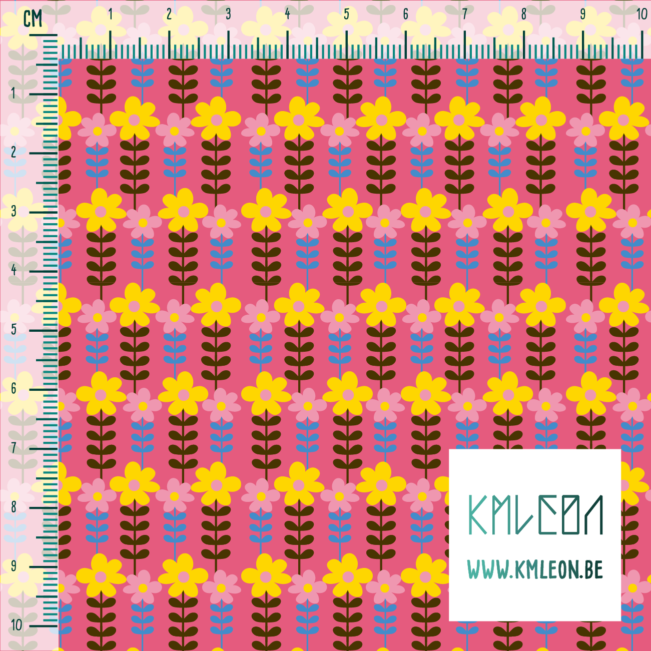 Roze, gele, blauwe en bruine bloemen stof