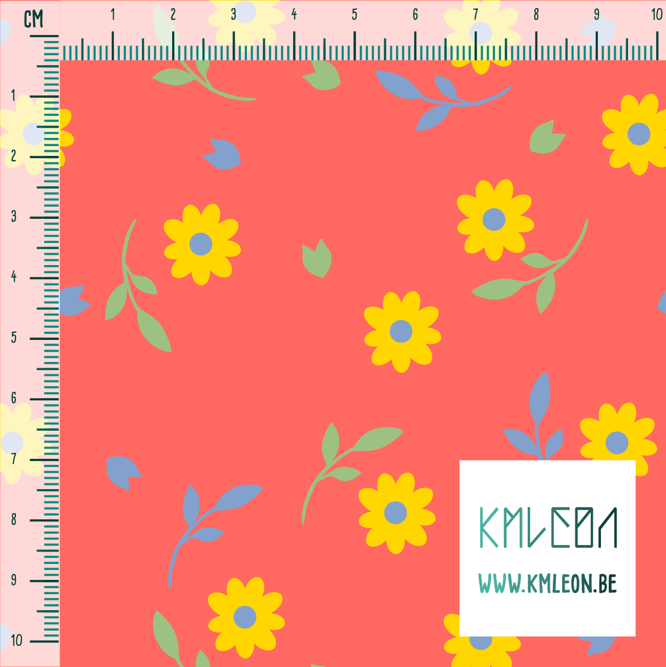 Gele, blauwe en groene bloemetjes en blaadjes stof