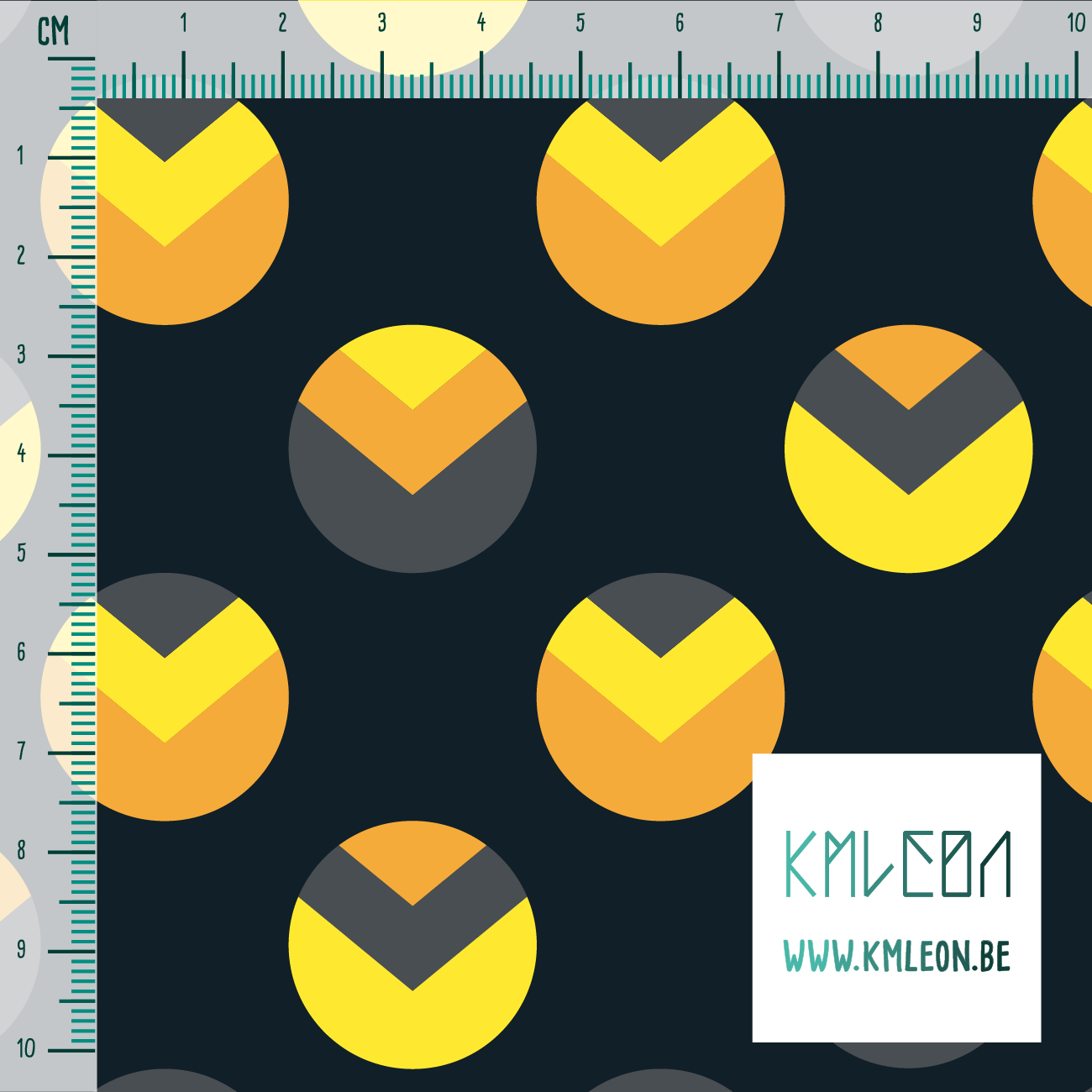 Grijze, oranje en gele cirkels en driehoeken stof