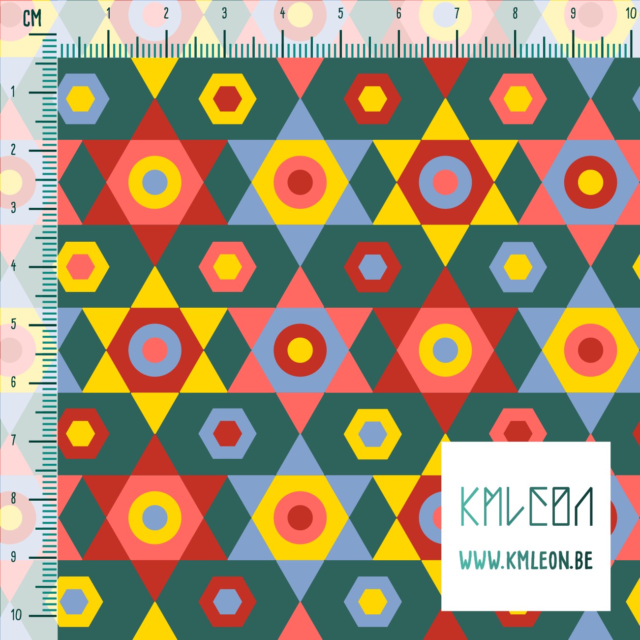 Rode, koraalroze, blauwe en gele sterren stof