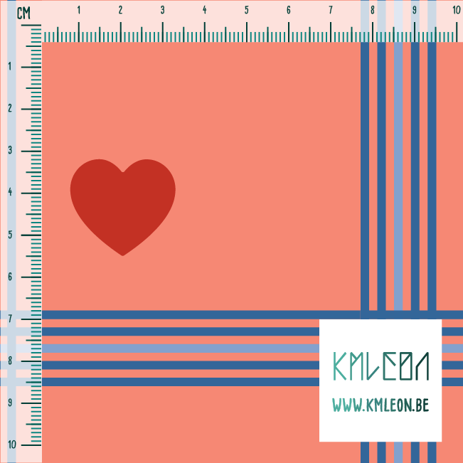 Blauwe ruiten met rode harten stof