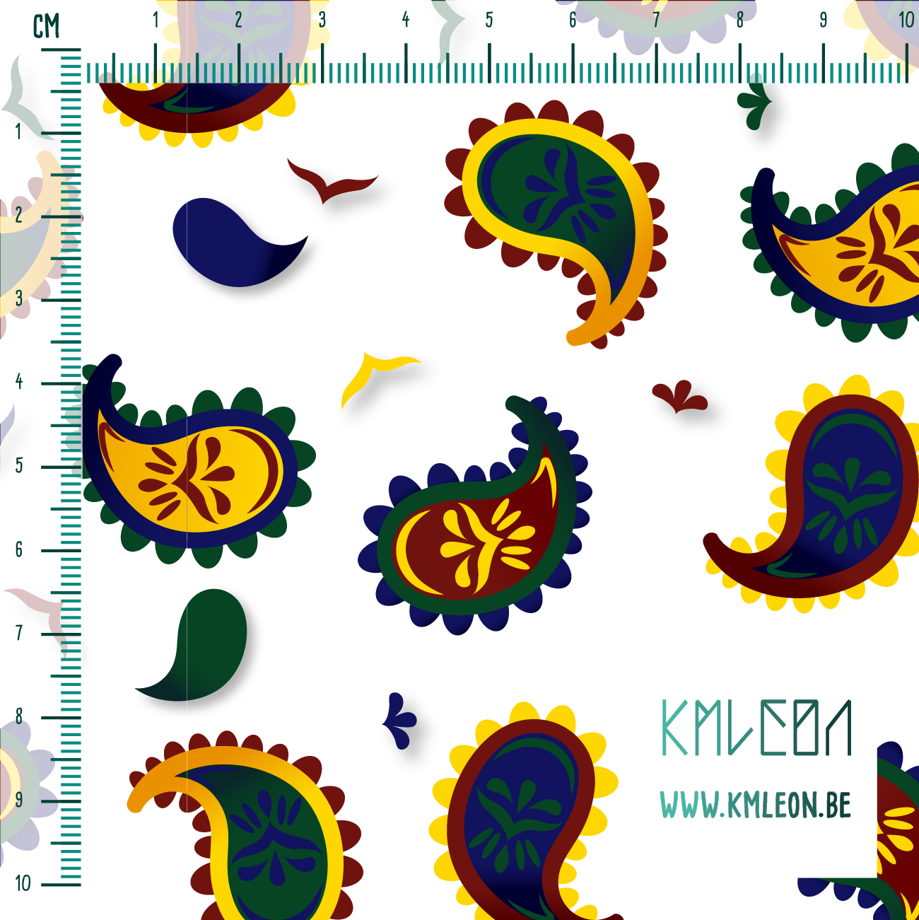 Rode, gele, blauwe en groene paisley stof