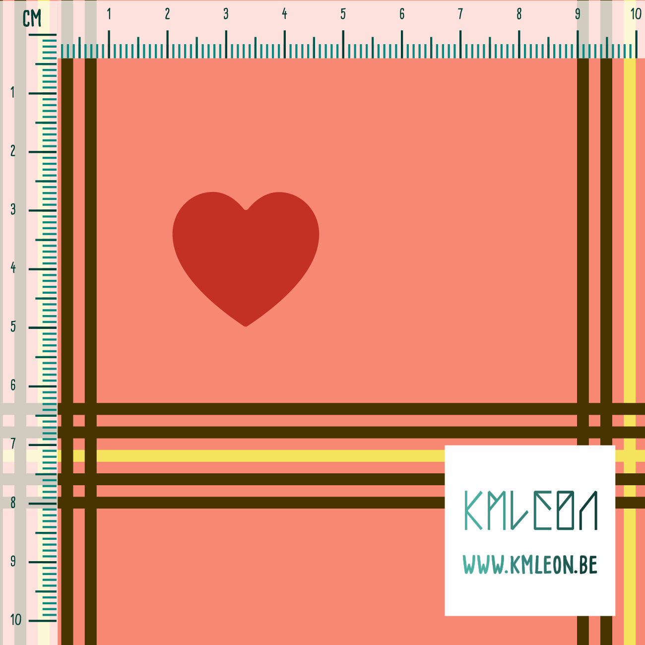 Bruine en gele ruiten met rode harten stof