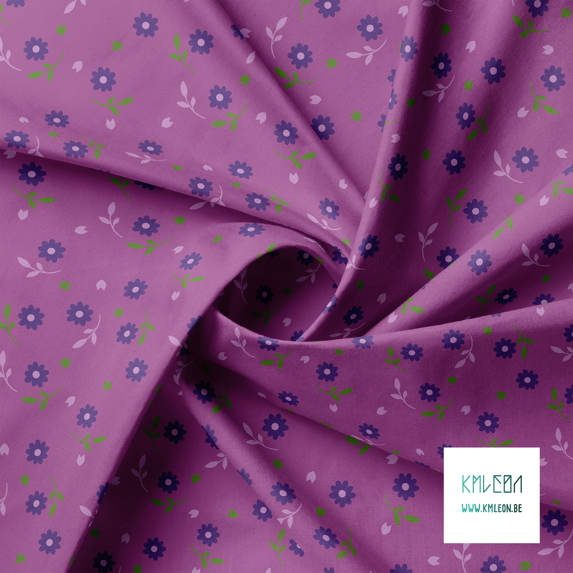 Paarse en groene bloemetjes en blaadjes stof