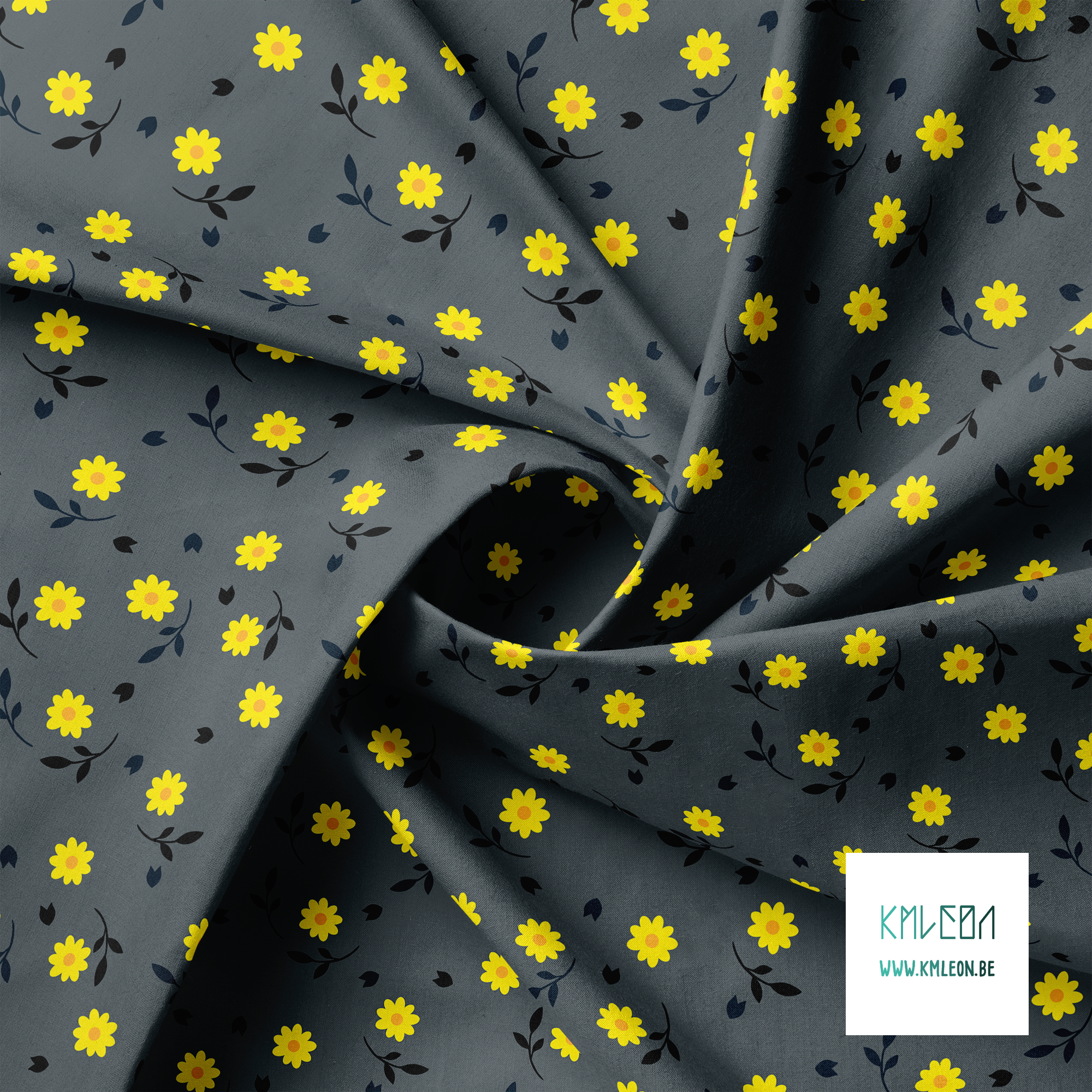 Gele, oranje, zwarte en donker blauwgroene bloemetjes en blaadjes stof