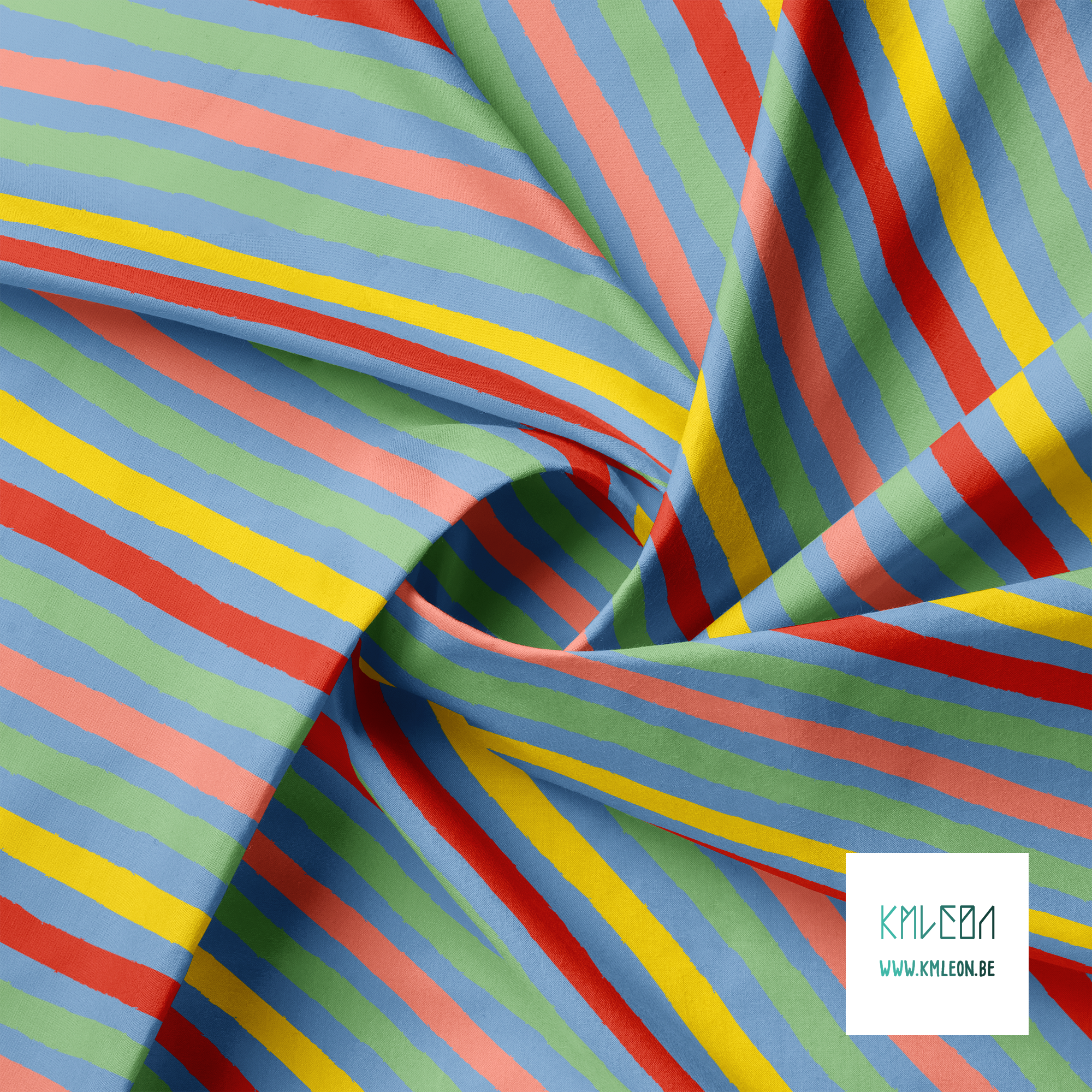 Gele, rode, koraalroze en groene strepen stof