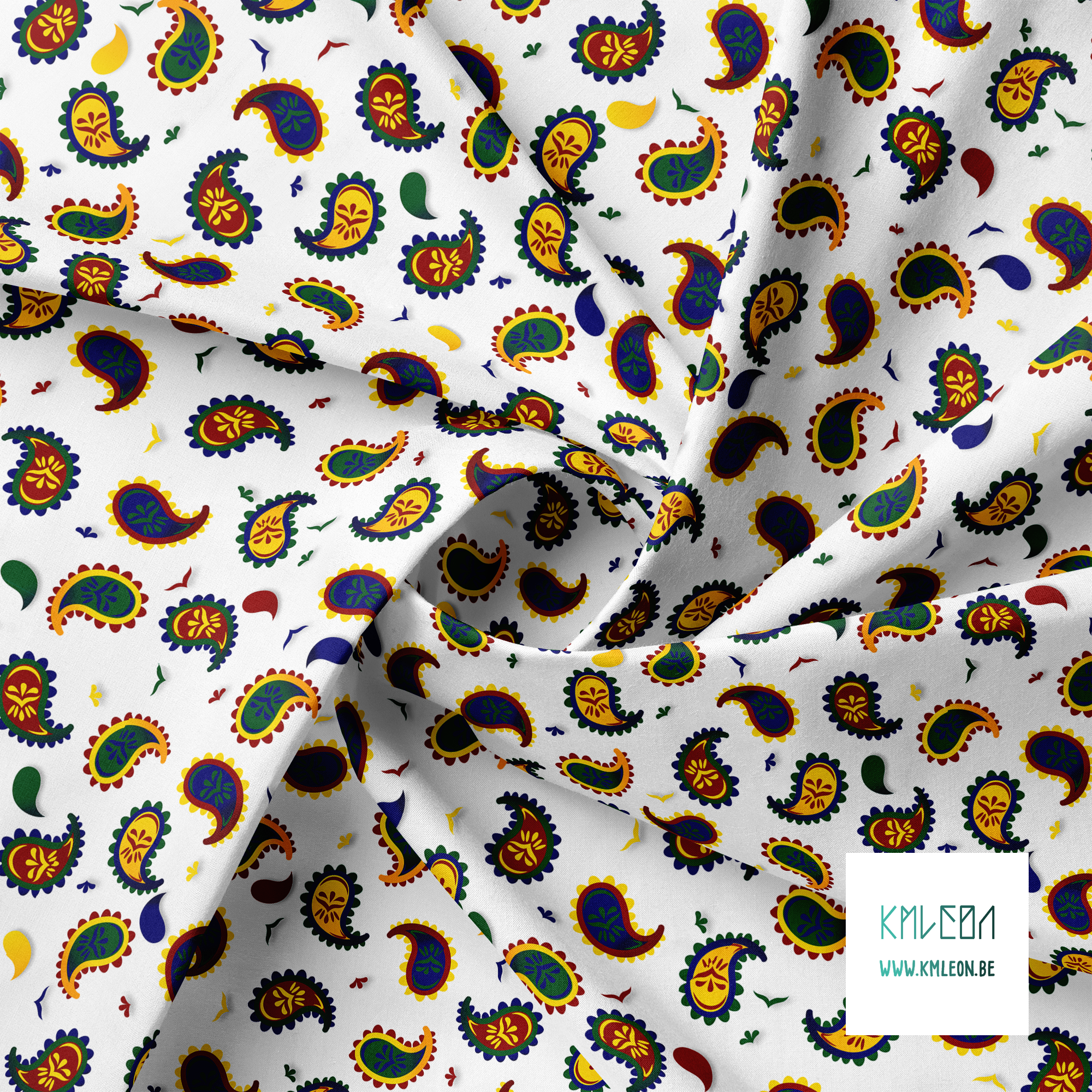 Rode, gele, blauwe en groene paisley stof