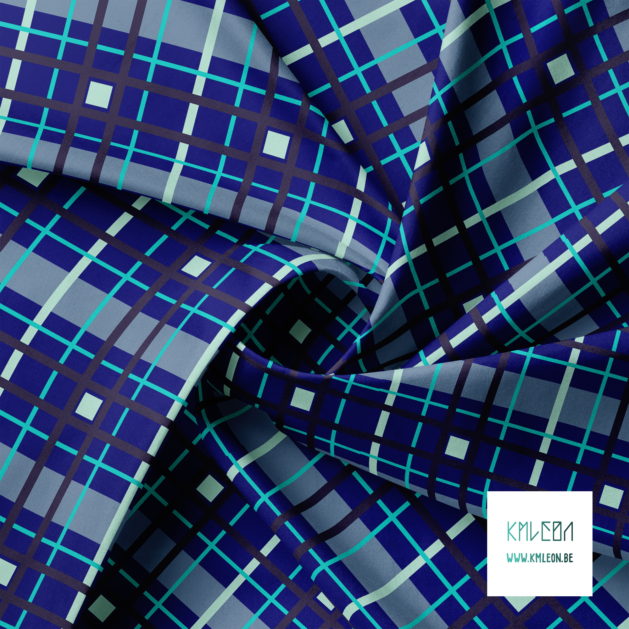 Donkerblauwe, blauwgroene en muntgroene ruiten stof
