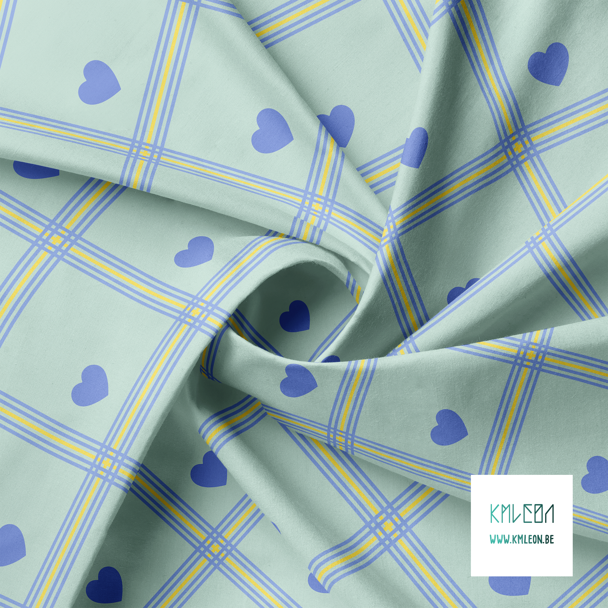 Gele en blauwpaarse ruiten met blauwpaarse harten stof
