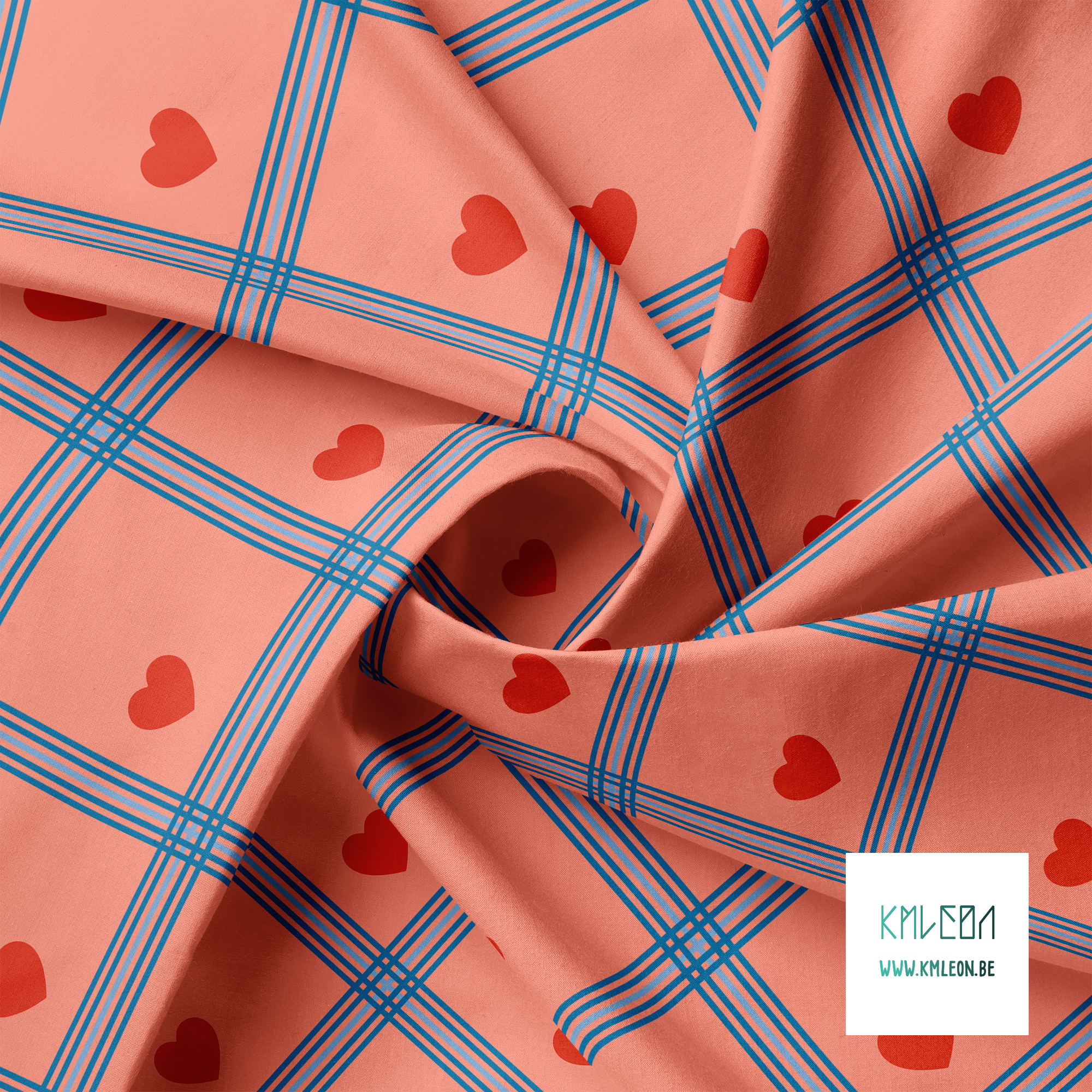 Blauwe ruiten met rode harten stof