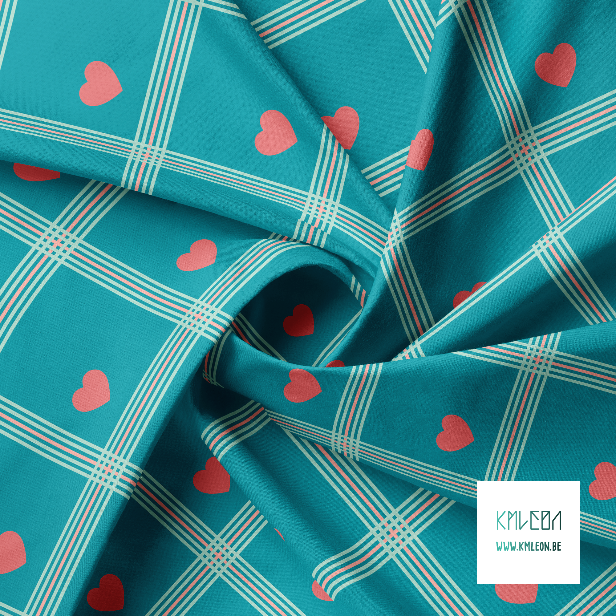 Roze en muntgroene ruiten met roze harten stof