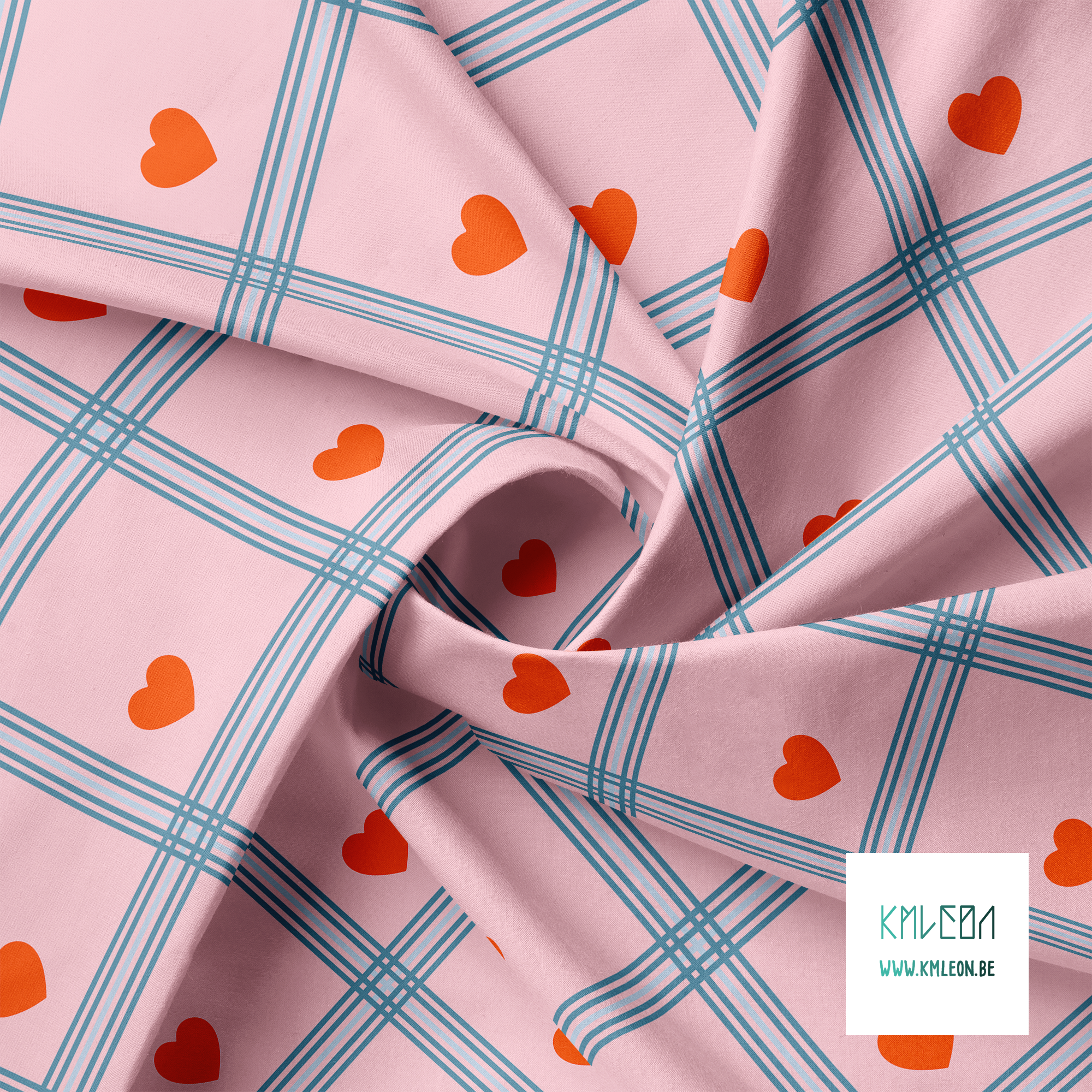 Blauwe ruiten met oranje harten stof