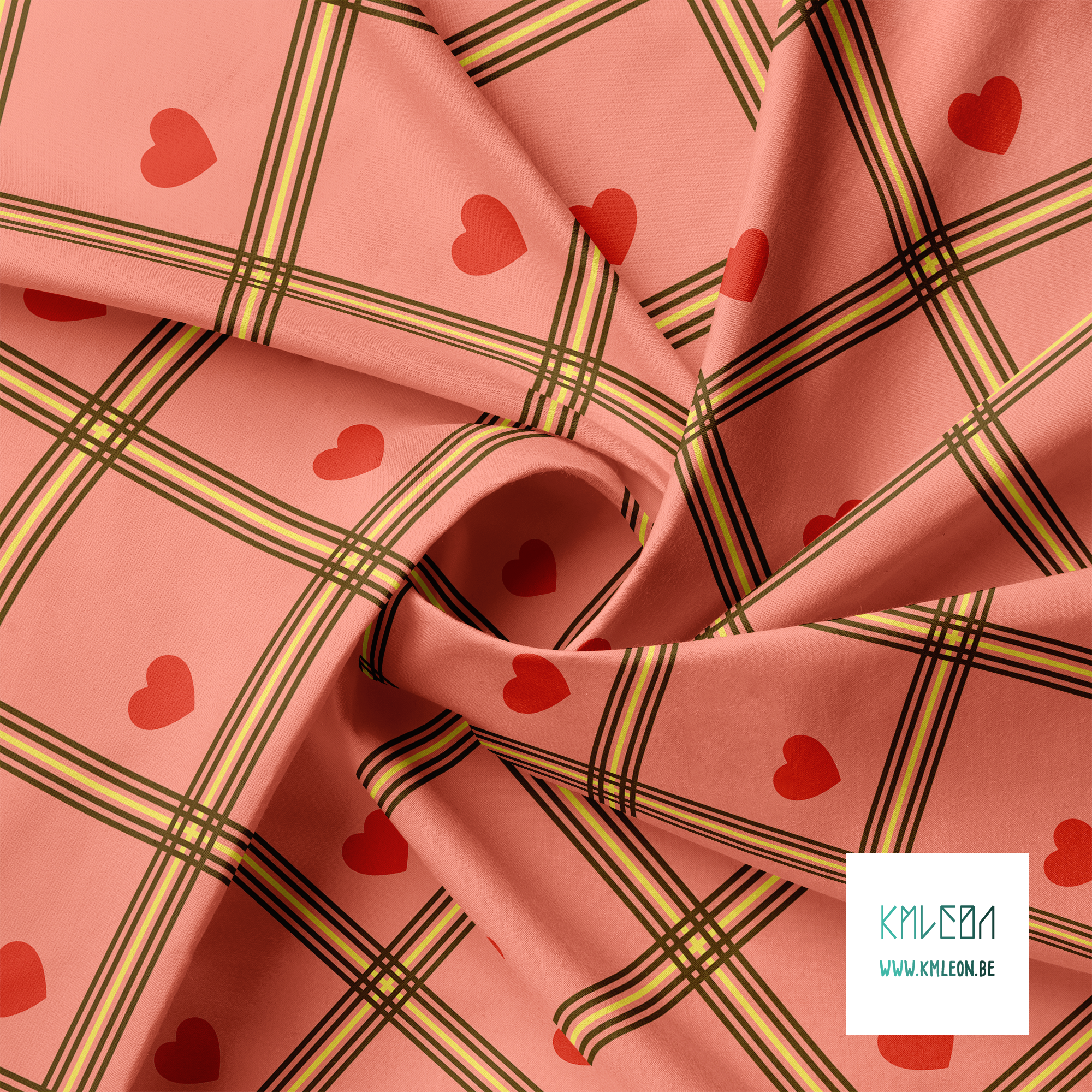 Bruine en gele ruiten met rode harten stof