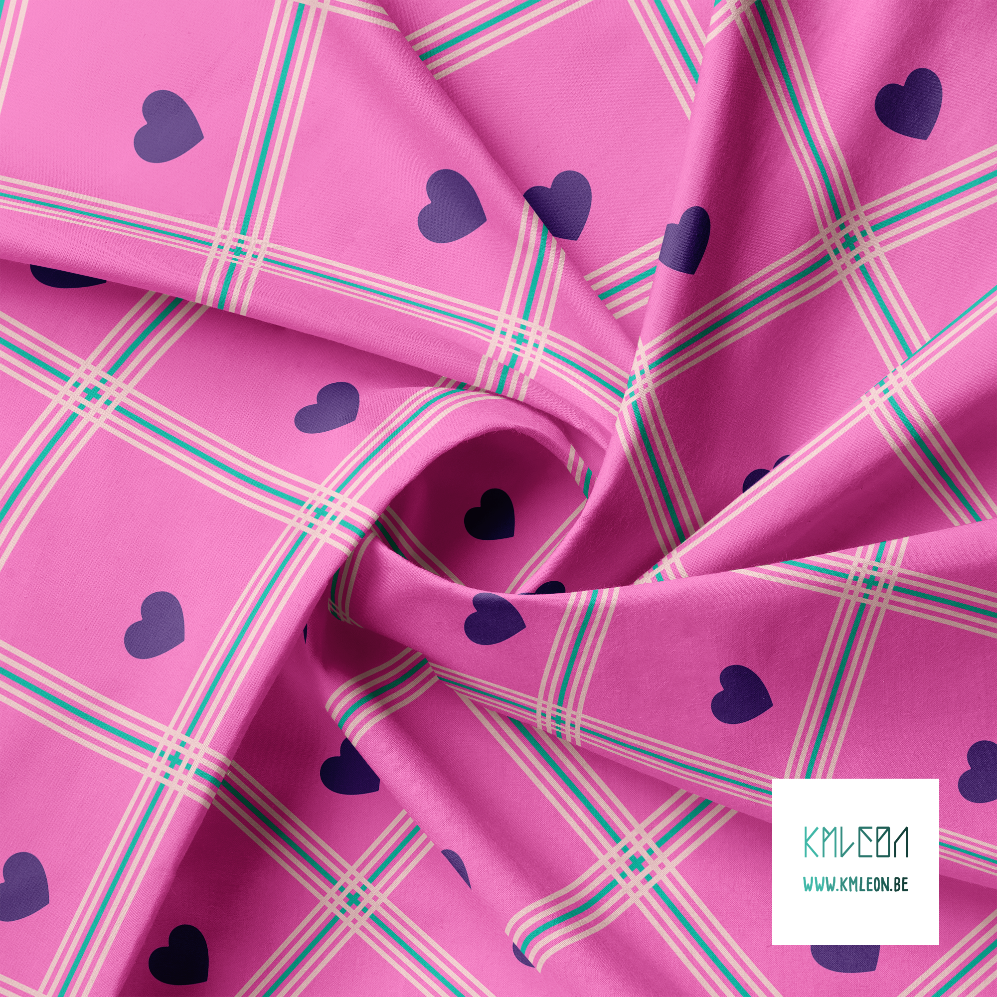 Roze en groene ruiten met paarse harten stof