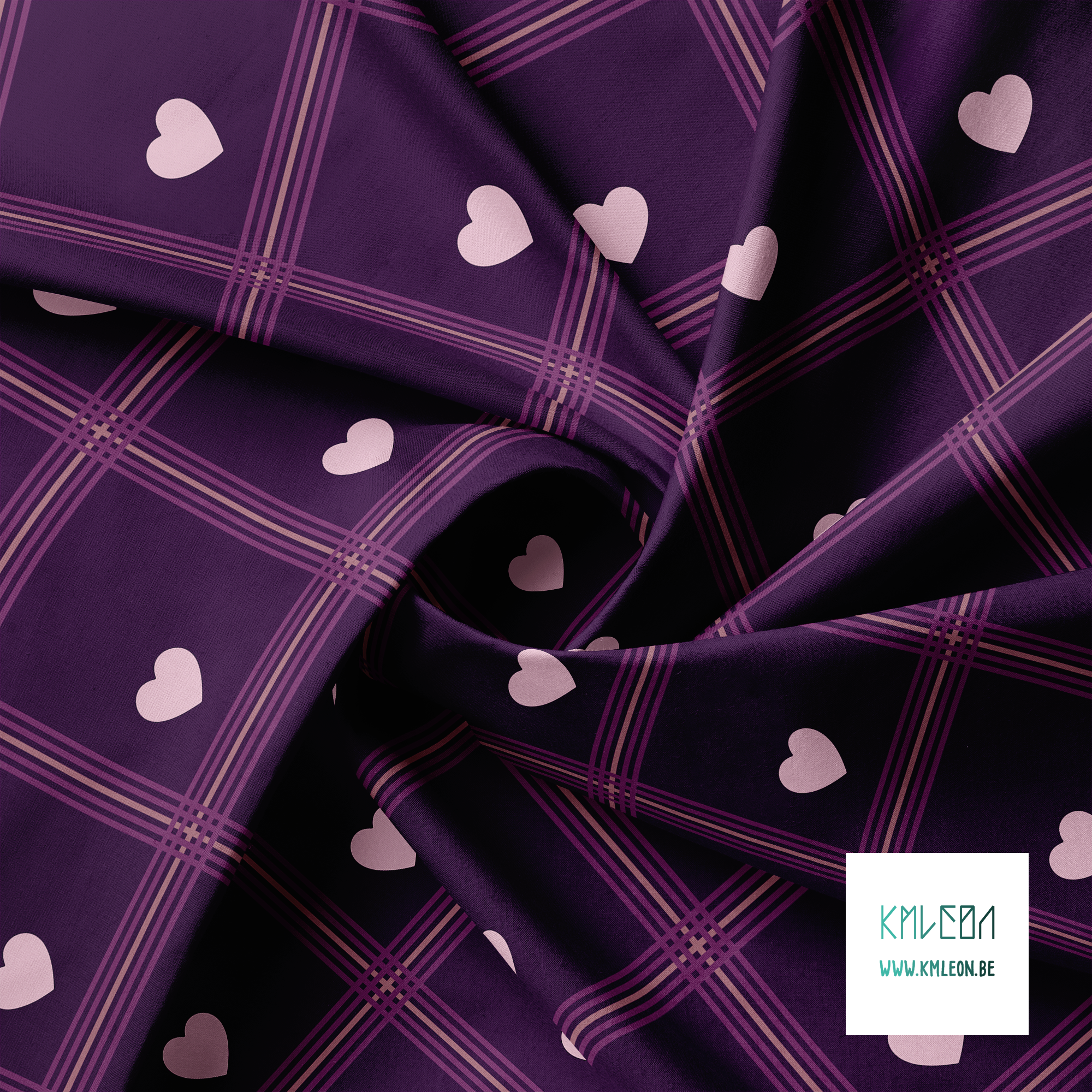 Roze en paarse ruiten met roze harten stof