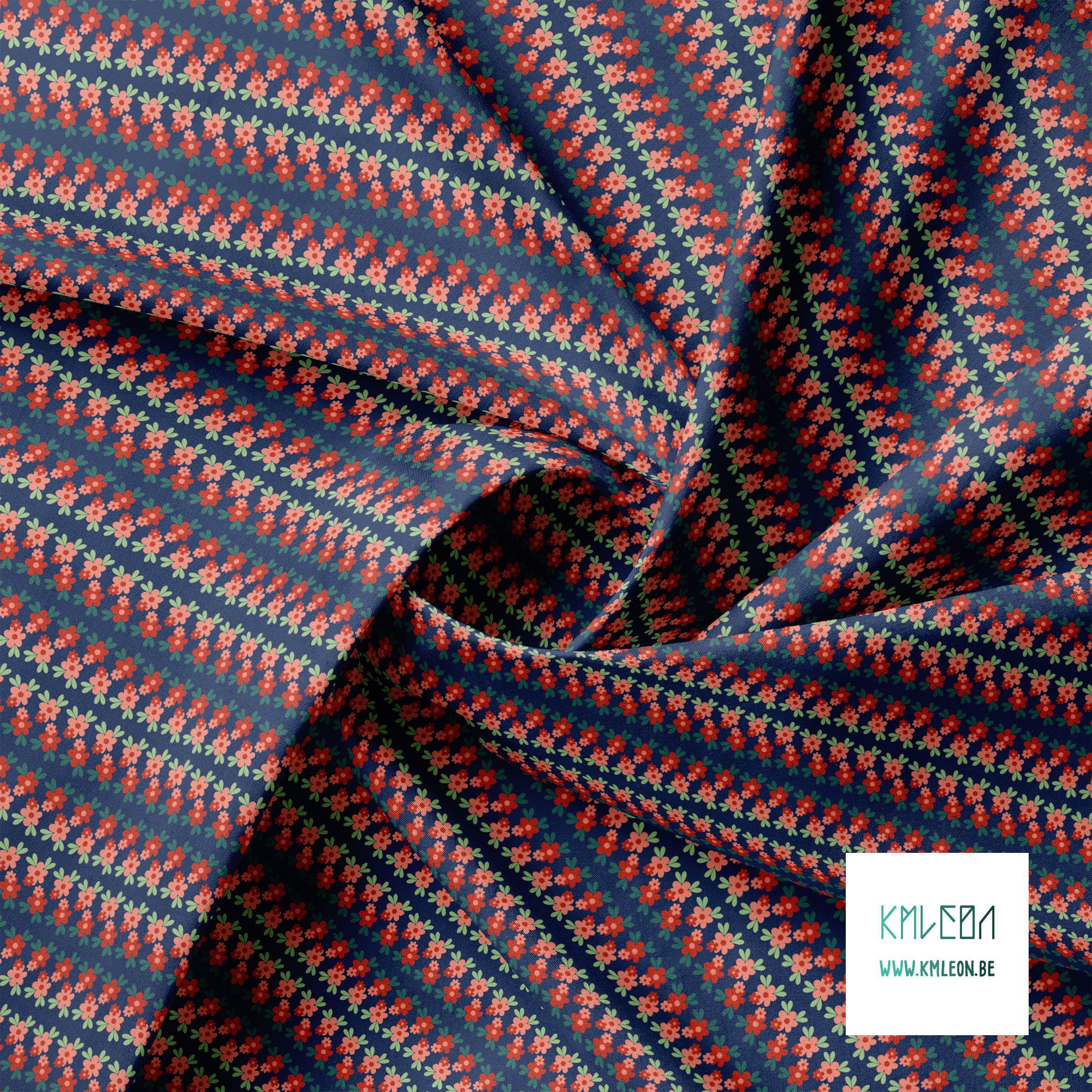 Roze en rode strepen van bloemen en groene blaadjes stof