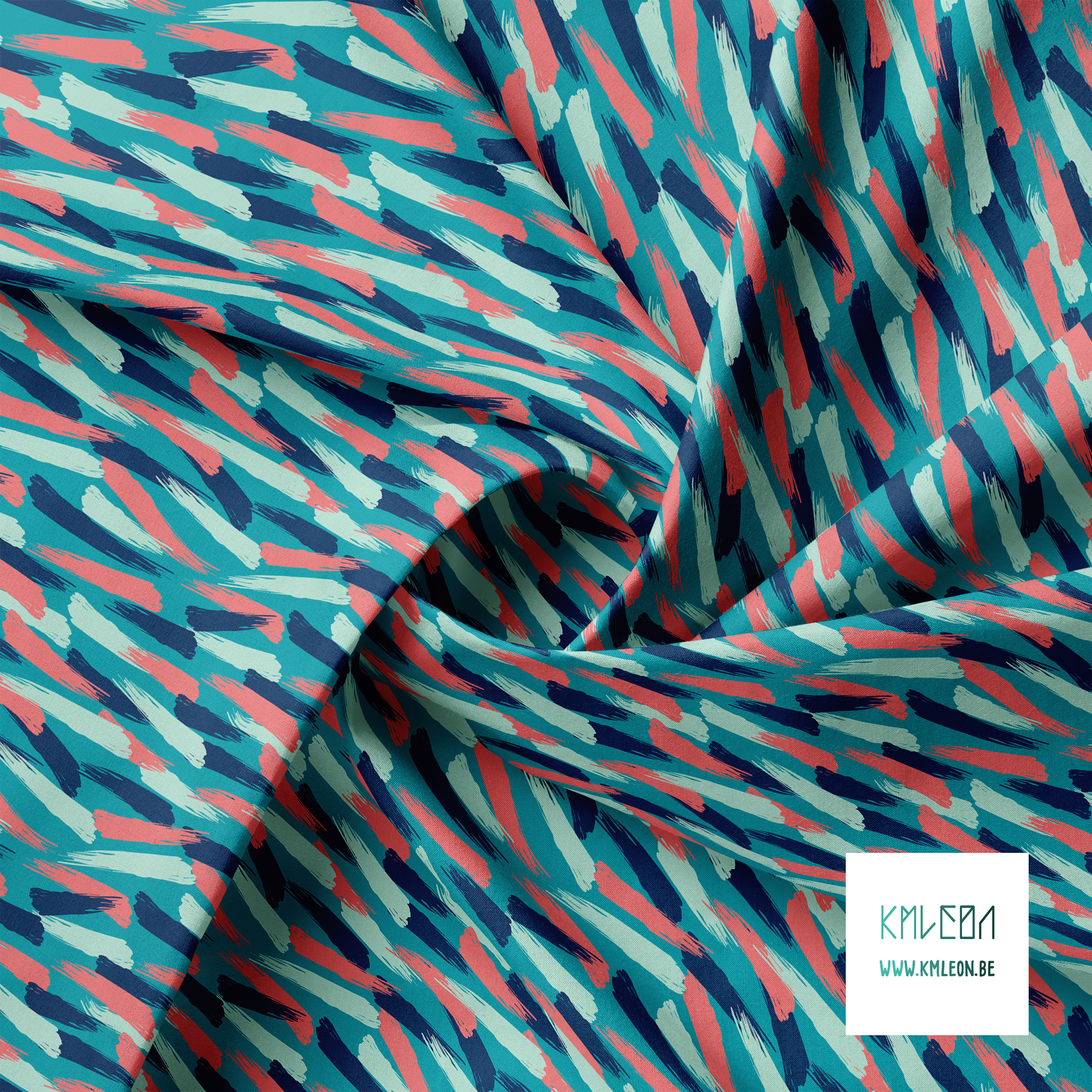 Roze, donkerblauwe en muntgroene penseelstreken stof