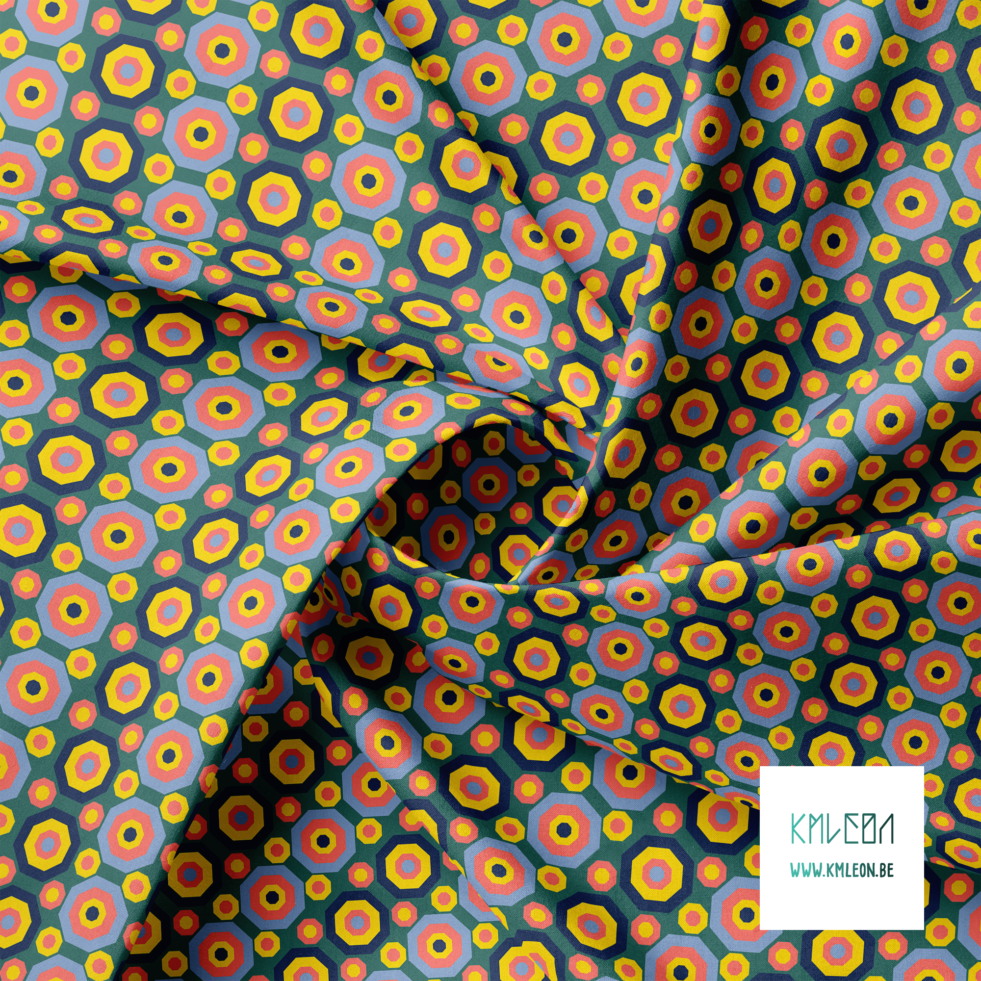 Retro achthoeken in geel, blauw en koraalroze stof