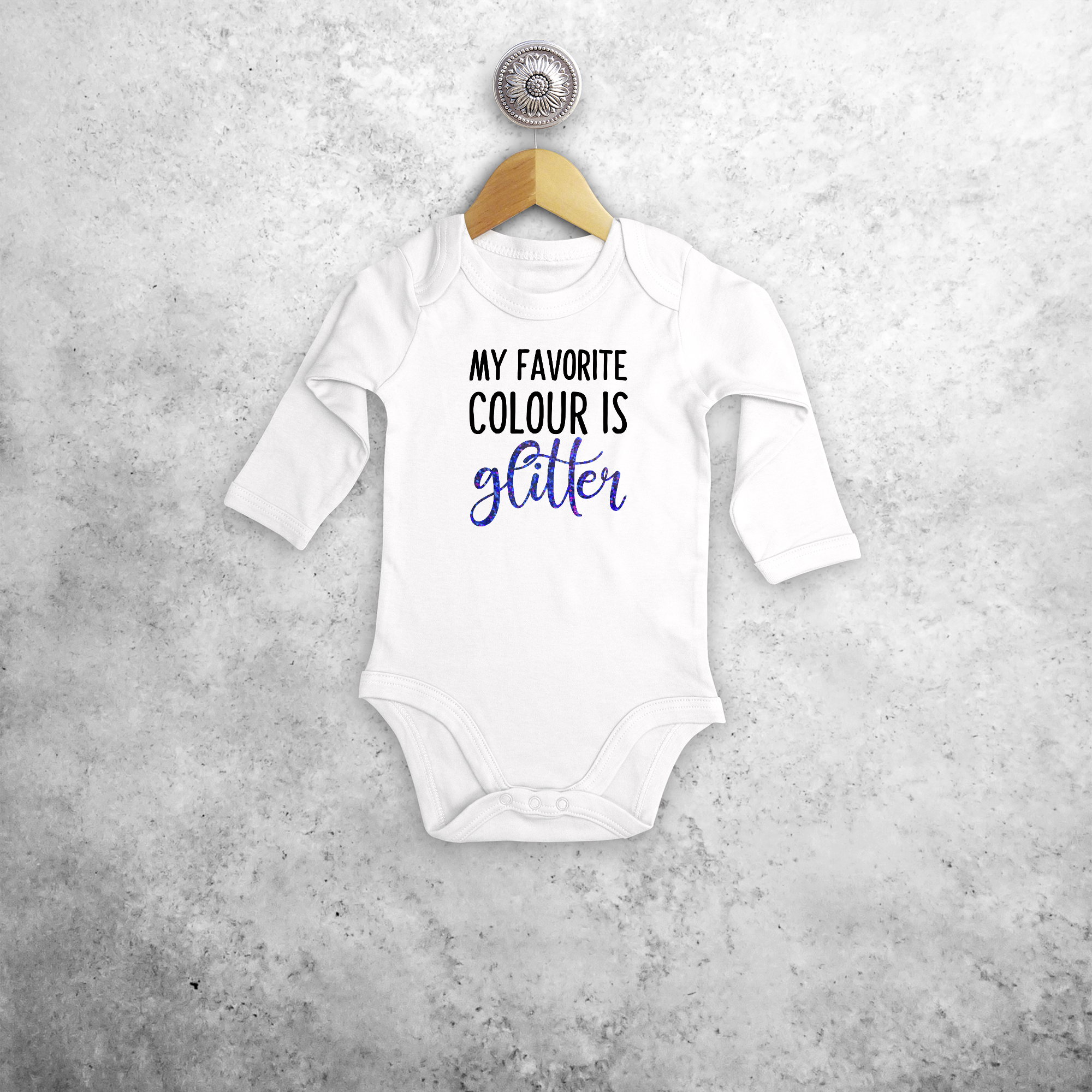 'My favorite colour is glitter' baby kruippakje met lange mouwen
