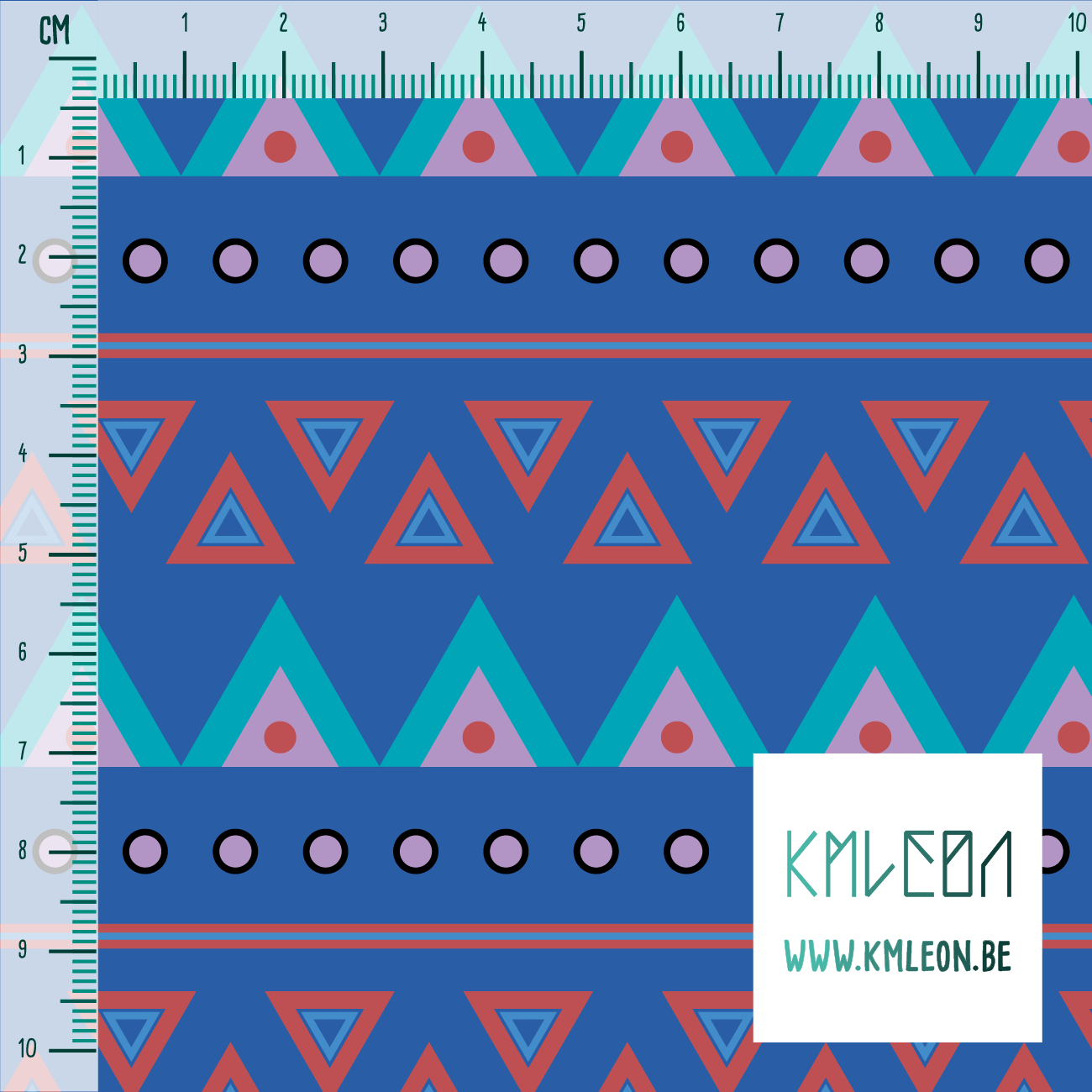Purple, red, teal and black circles and triangles fabric