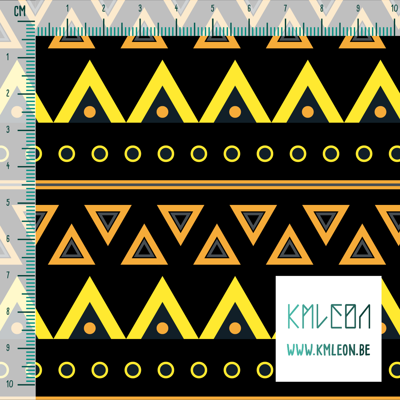 Orange, yellow, grey and dark teal circles and triangles fabric